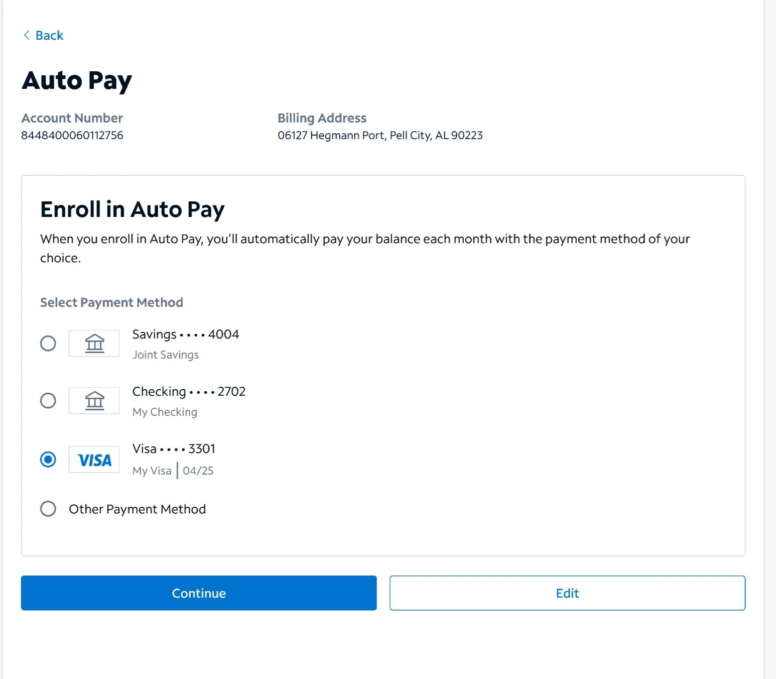 Auto Pay enrollment page showing account number, billing address, and options to select payment method, with Visa selected. Buttons for continue and edit at the bottom.