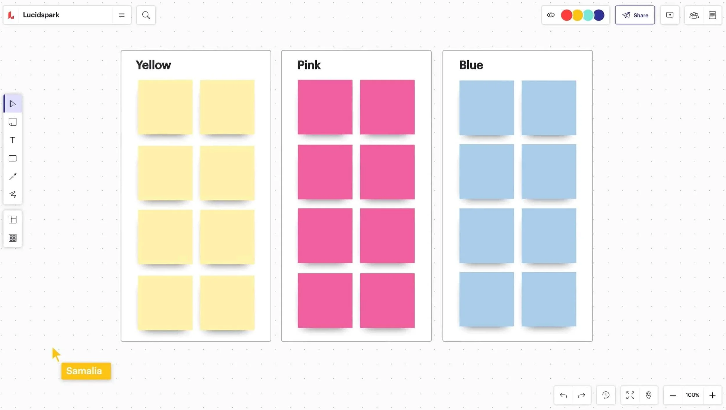 A digital board organized into three columns of sticky notes labeled Yellow, Pink, and Blue containing six notes each, with a color palette, sharing, comment, and other icons at the top, and navigation controls at the bottom.