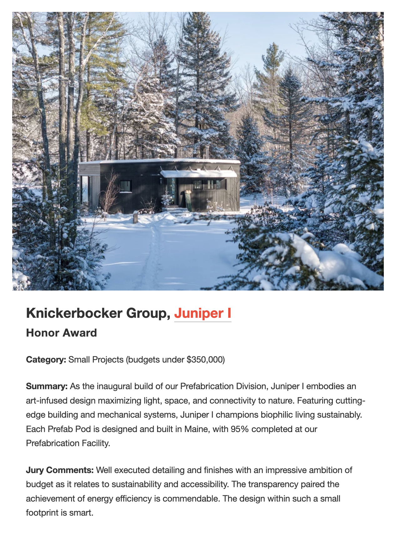 Recipient of the AIA Maine Honor Award, recognizing Prefab Pods as a top-tier design achievement, supported by elevated, on-brand photography and strategic campaign direction.