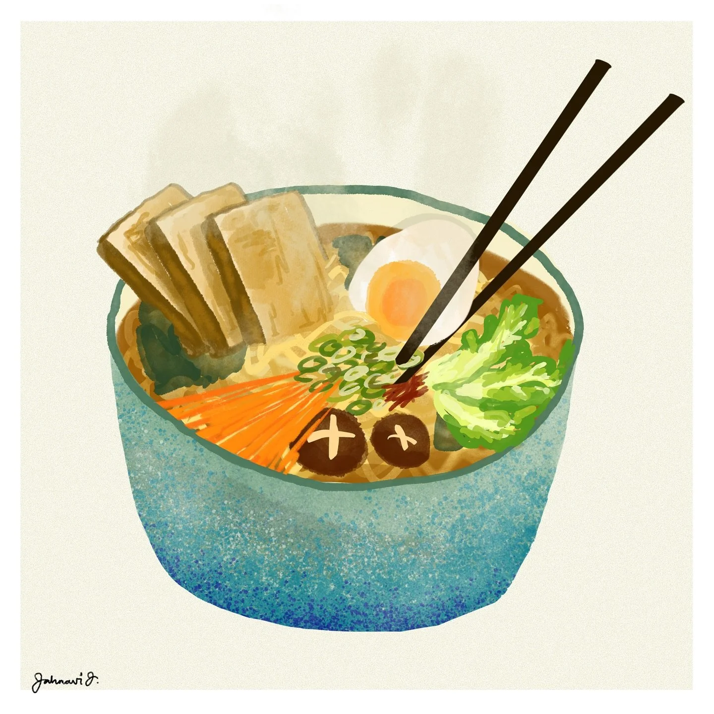 ramen illustration // thanks to youtube procreate tutorials!! 4/5 of the ipad pals made ramen tonight!! we had a fun and silly time and troubleshooted our toppings and our noodle shapes and i rly love these friends and our biweekly calls!! and the ac