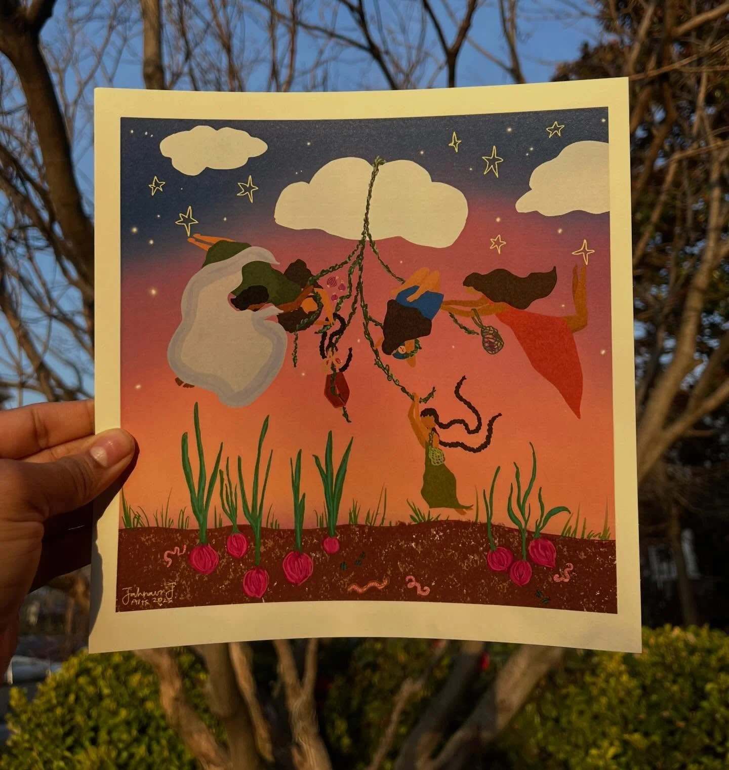 sooo i got locked out of my house wearing no shoes with my phone on 4% trying to take this golden hour photo of the women who love onions but it was worth it. swipe to see more prints, earrings (incl some raincloud earrings enjoying the rain), spring