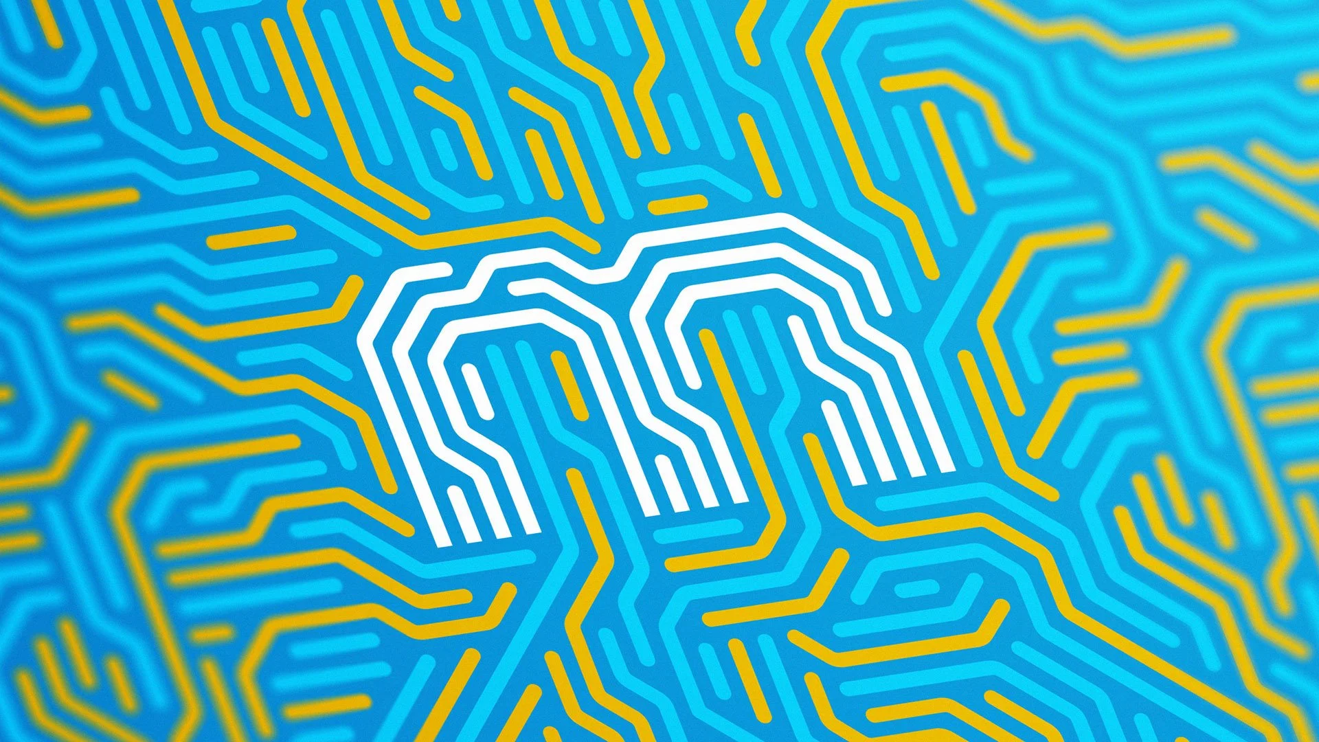 Multitech industrial brand identity featuring a geometric blue and yellow pattern surrounding the white symbol.