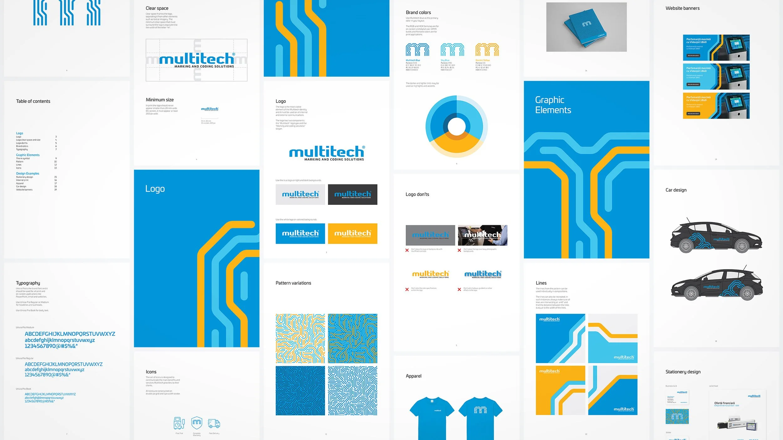 Multitech brand identity guidelines showcasing the logo, typography, colour palette, graphic patterns, icons and applications across print and digital materials.