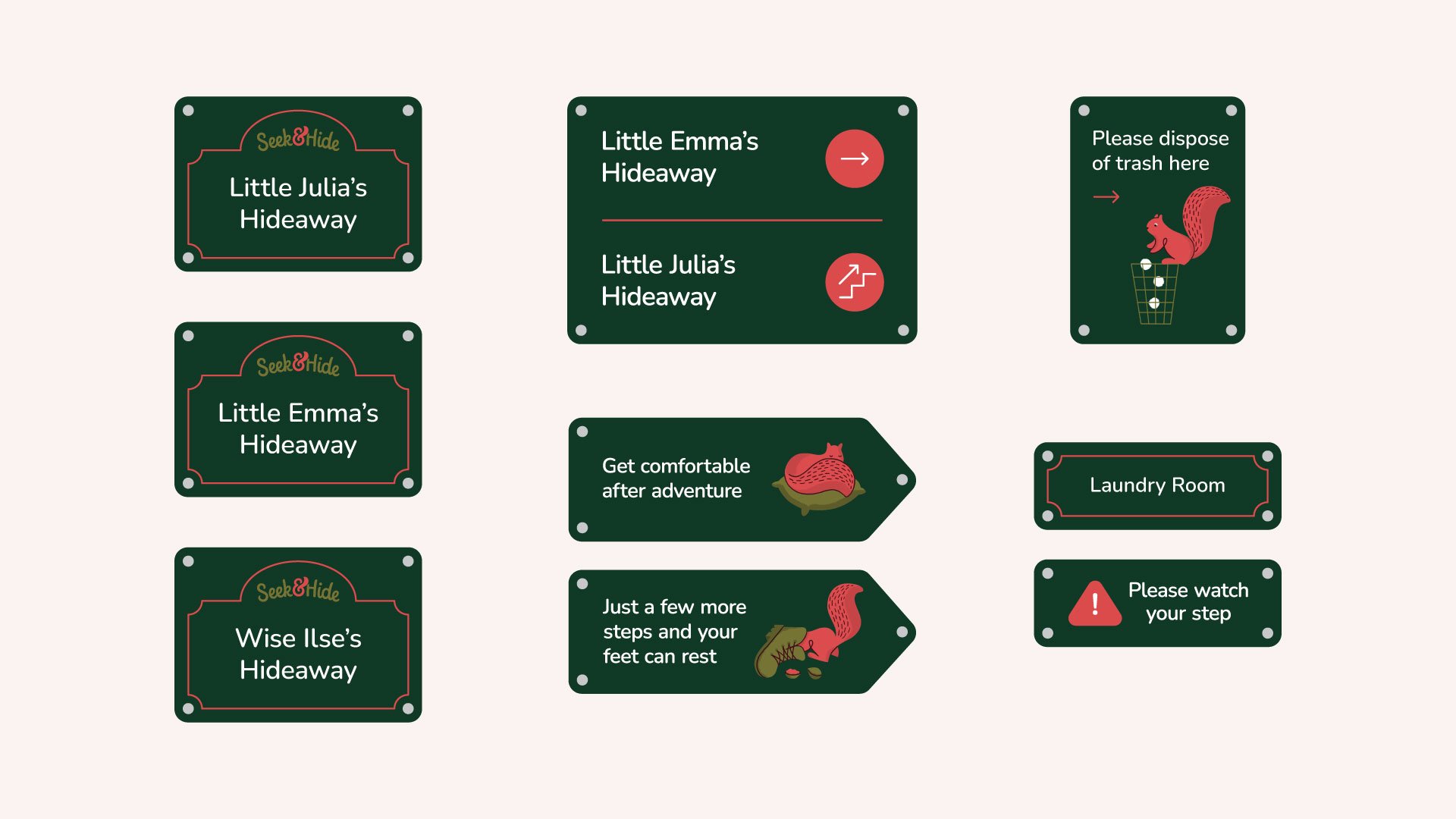 Seek & Hide wayfinding signs using dark green panels, cream lettering and squirrel illustrations.