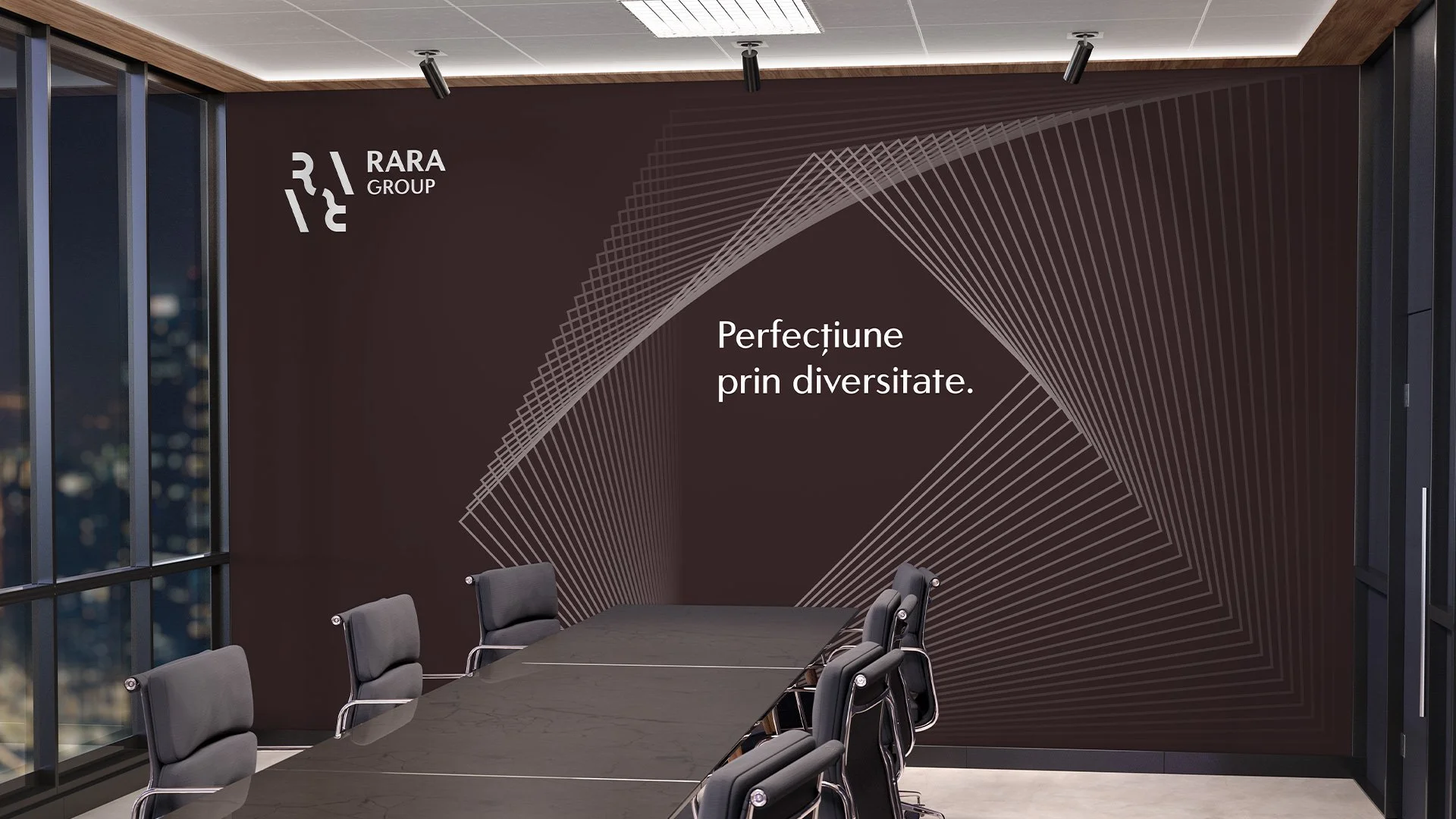 Rara Group branding applied to a corporate conference room, with the geometric logo and fine-line graphics across a dark feature wall.
