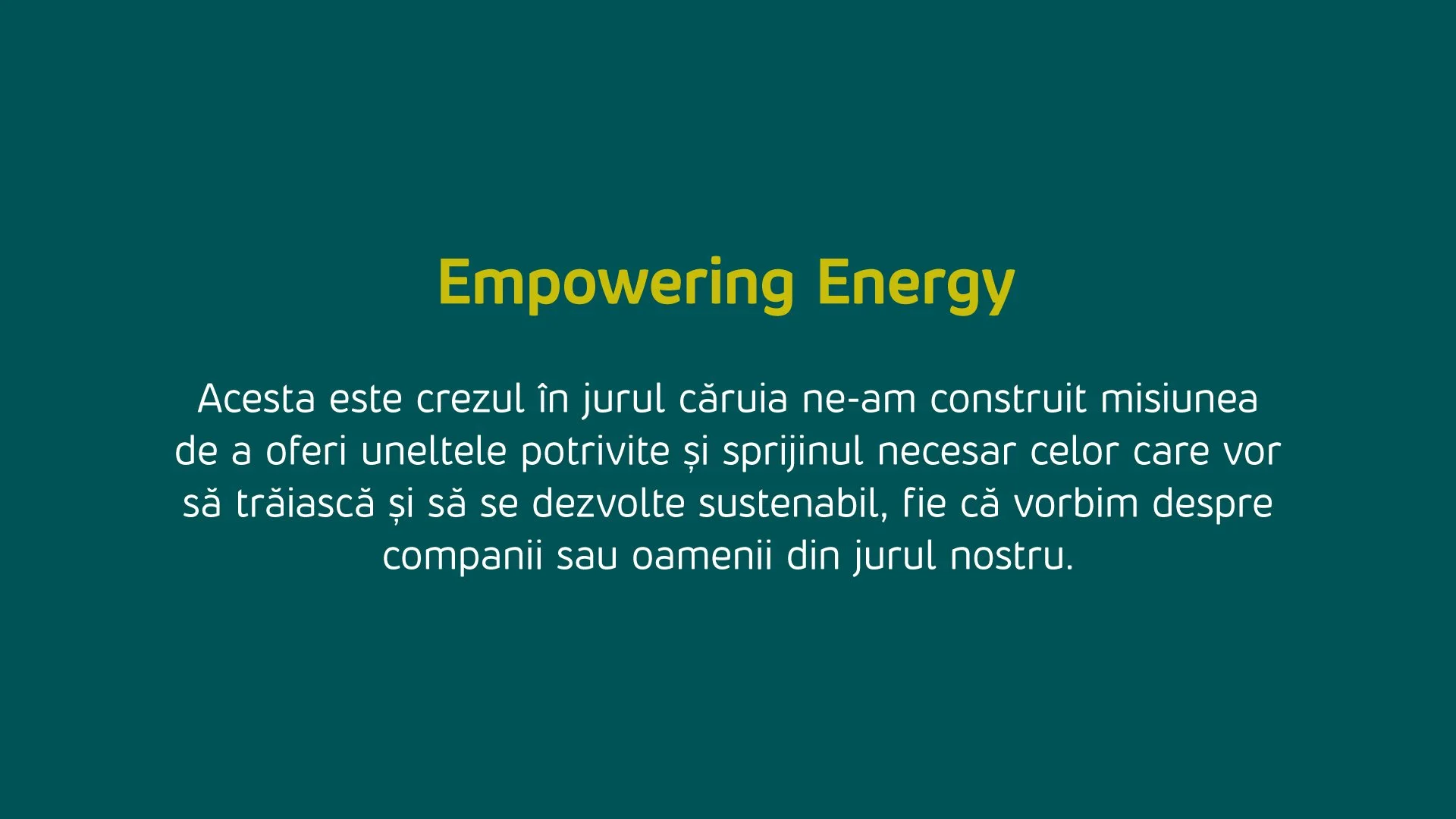 Entera brand messaging featuring the headline “Empowering Energy” in yellow on a deep teal background.