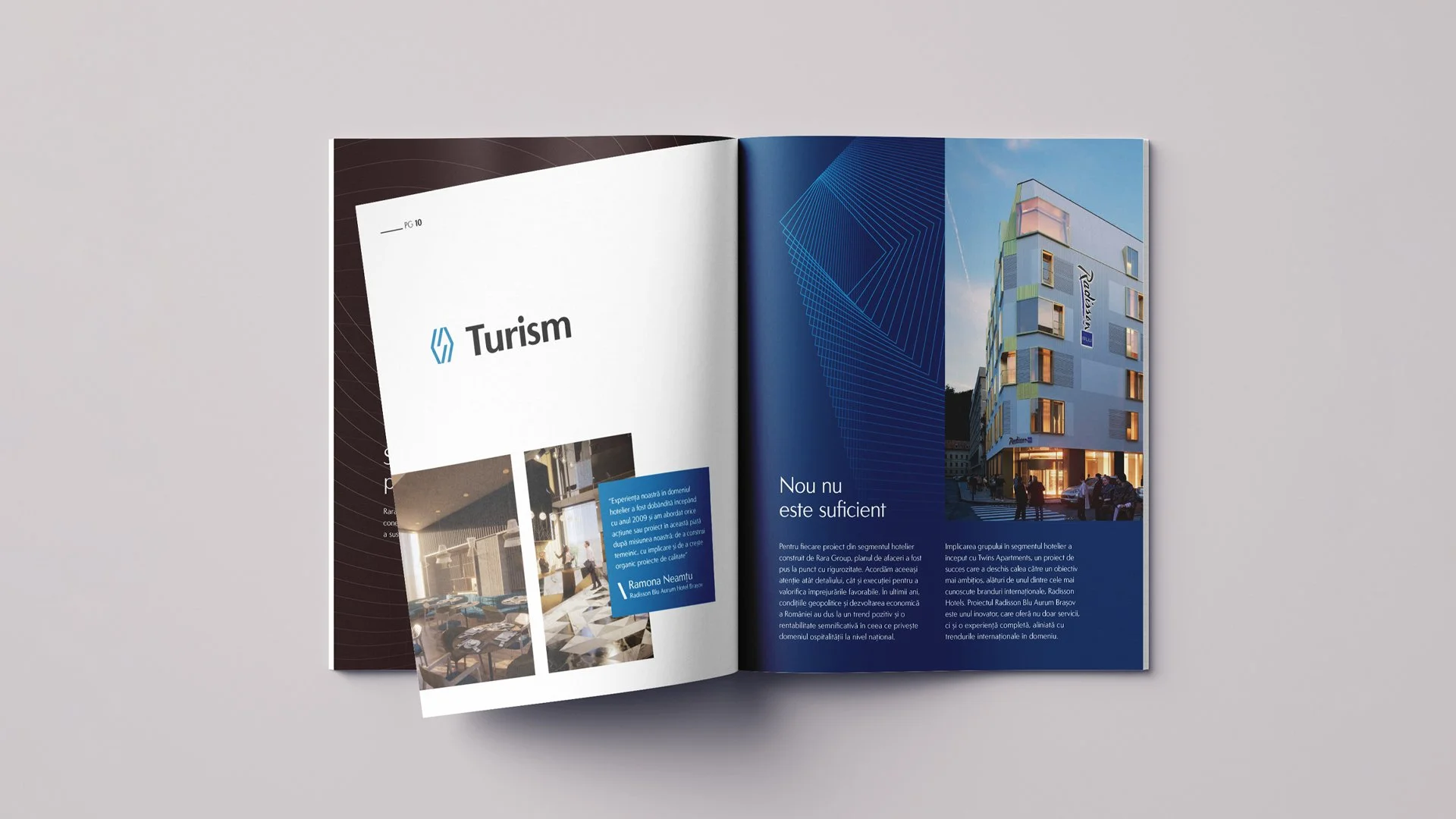 Open company presentation brochure featuring architectural photography, blue graphic panels and a structured layout for a Rara Group company.