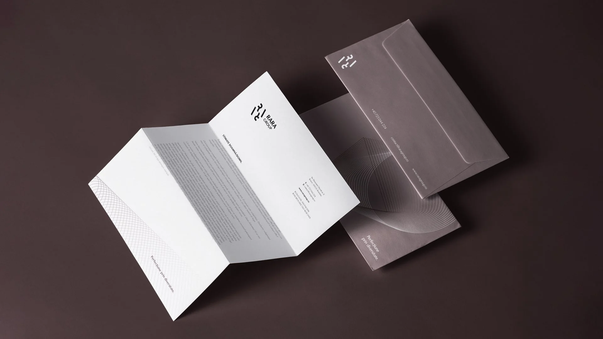 Rara Group stationery design featuring a letterhead and envelope design.