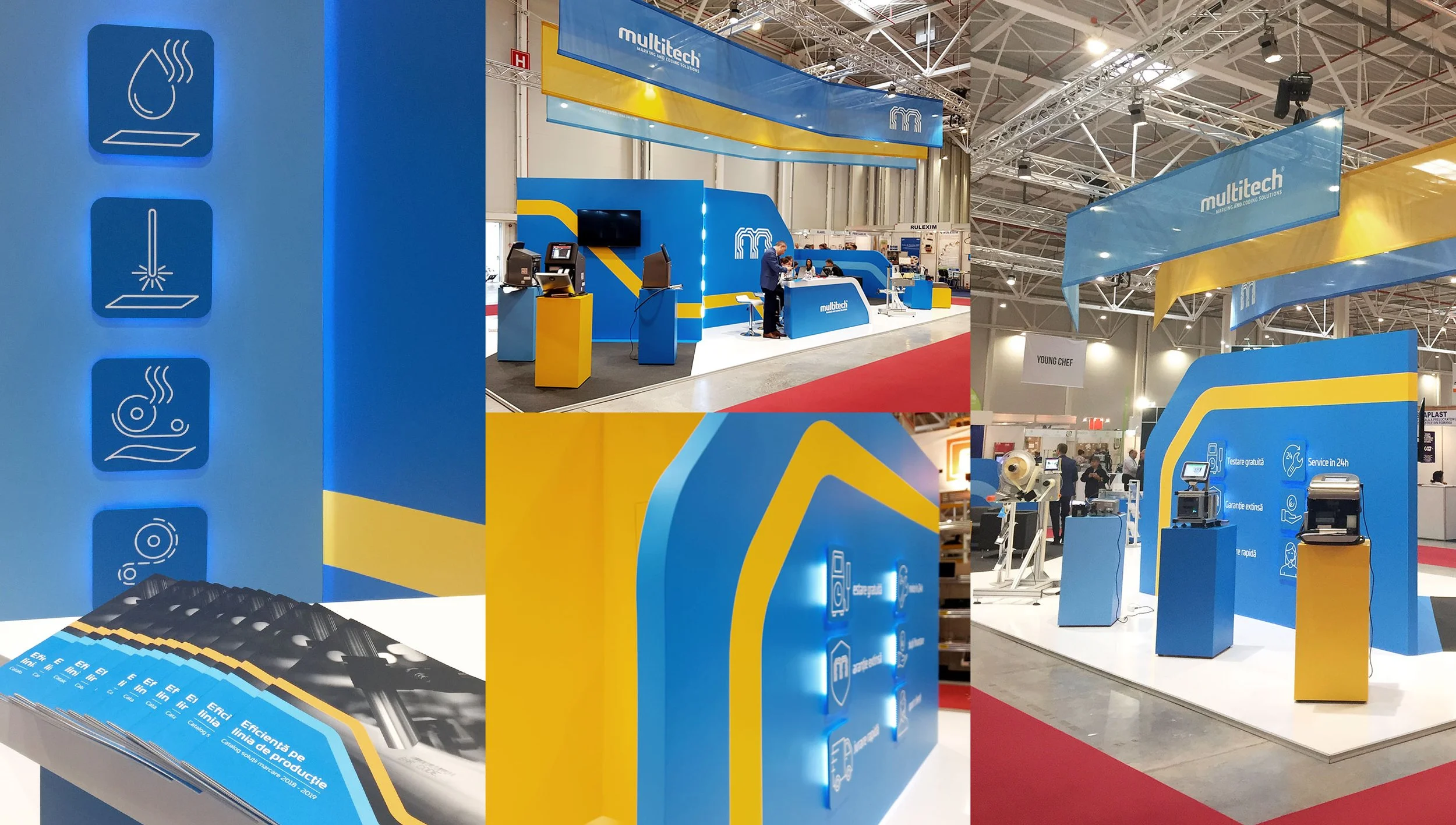 Multitech exhibition stand with industrial equipment displays, branded wall graphics and blue and yellow architectural elements at a trade show.