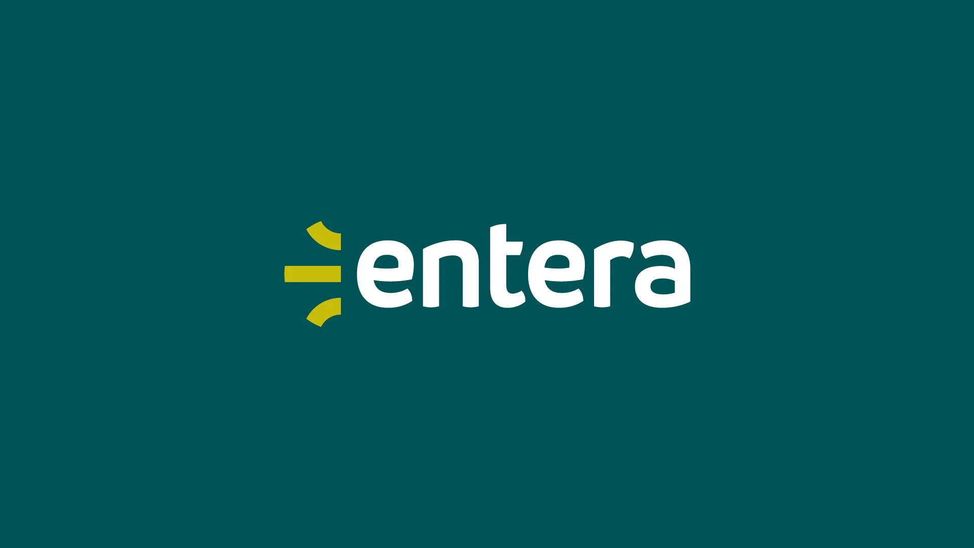 Entera logo combining a white lowercase wordmark with a distinctive yellow energy symbol on a deep teal background.