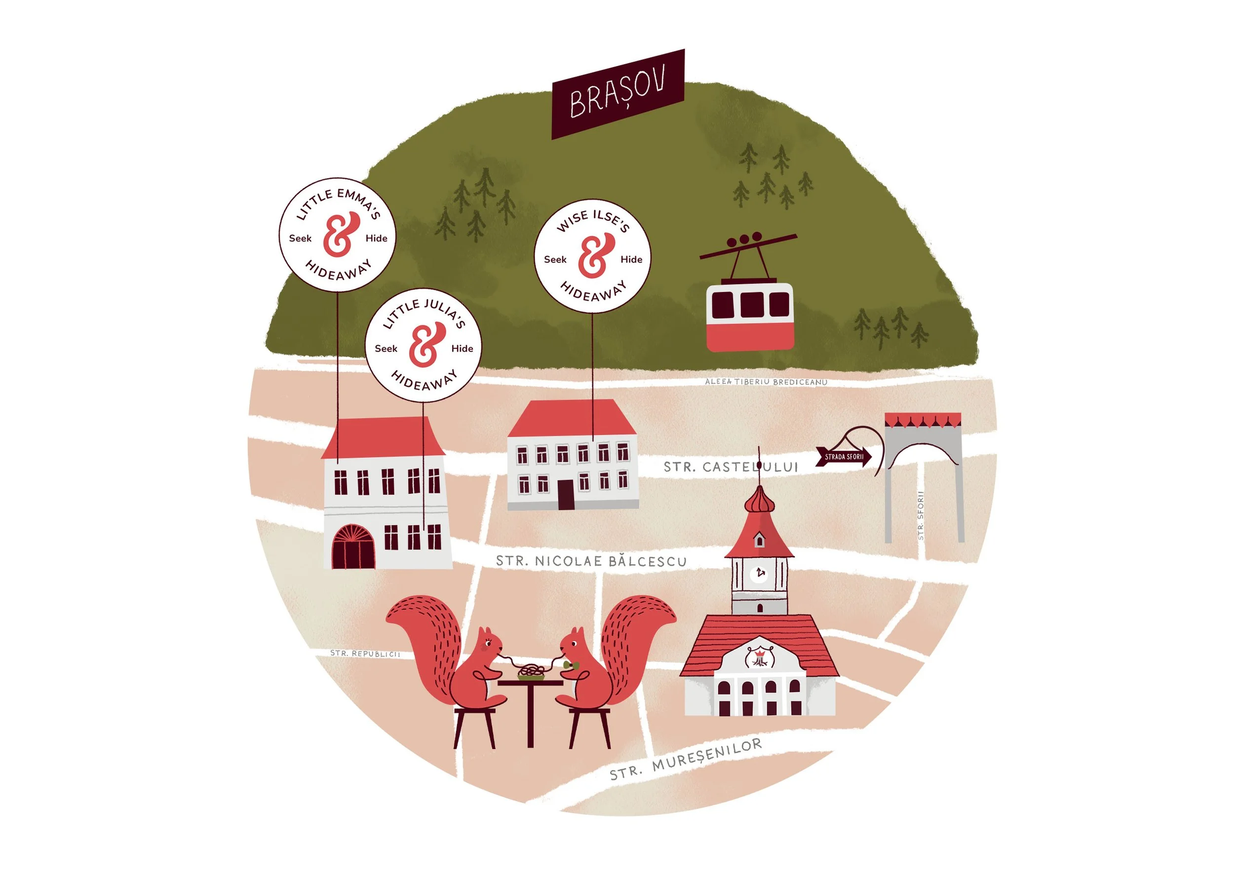 Illustrated map of Seek & Hide holiday home locations in Brașov, Romania, with Mount Tâmpa in the background and playful squirrel characters throughout.