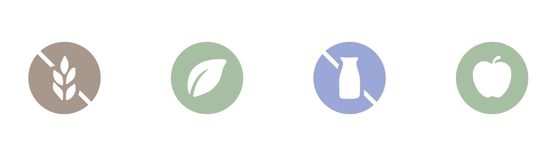 Meliora icon system featuring gluten-free, BIO, dairy-free and vegan symbols in muted earthy colours.