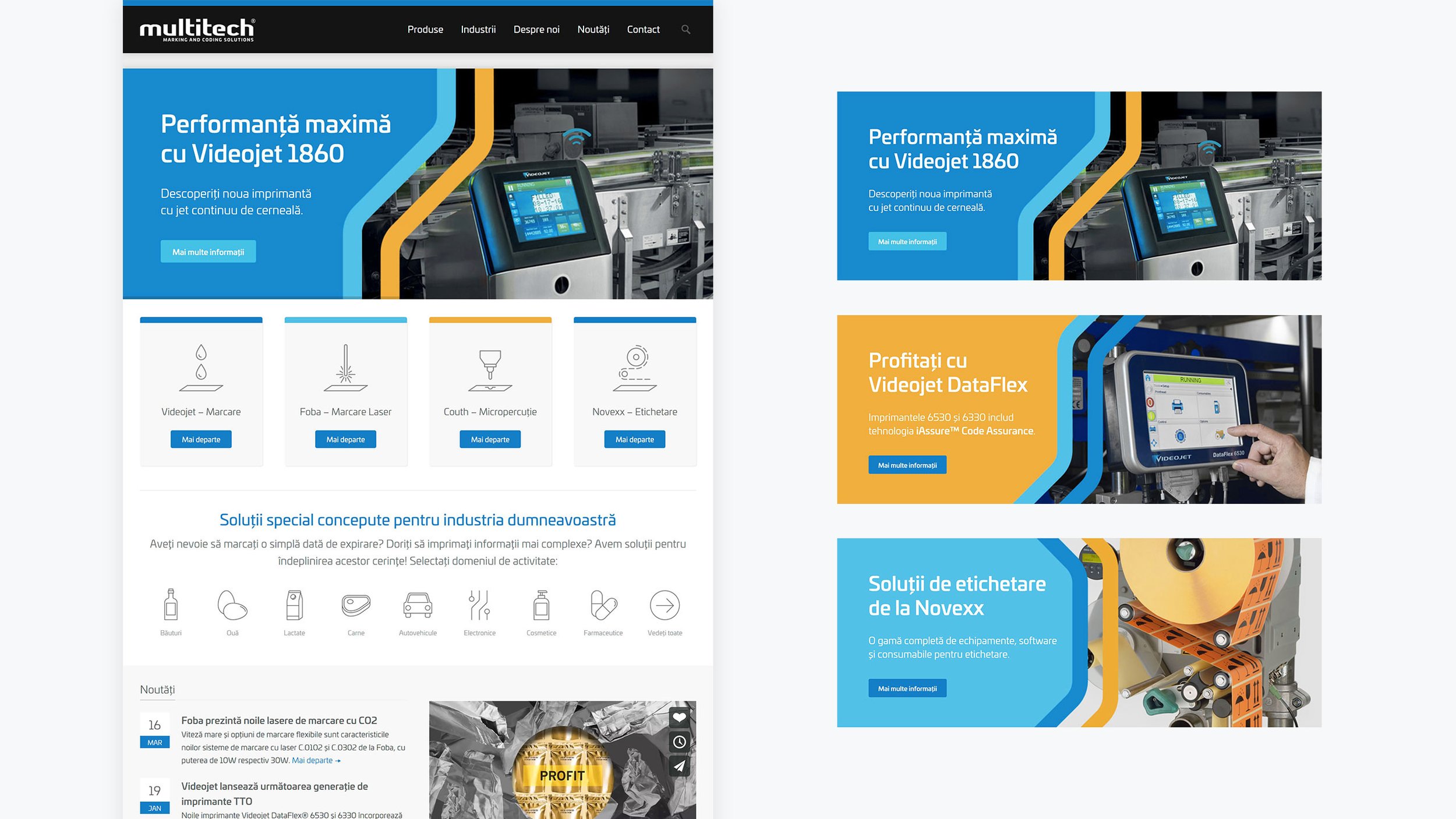 Multitech website banner templates featuring industrial product imagery, technical messaging and the signature blue and yellow graphic identity.