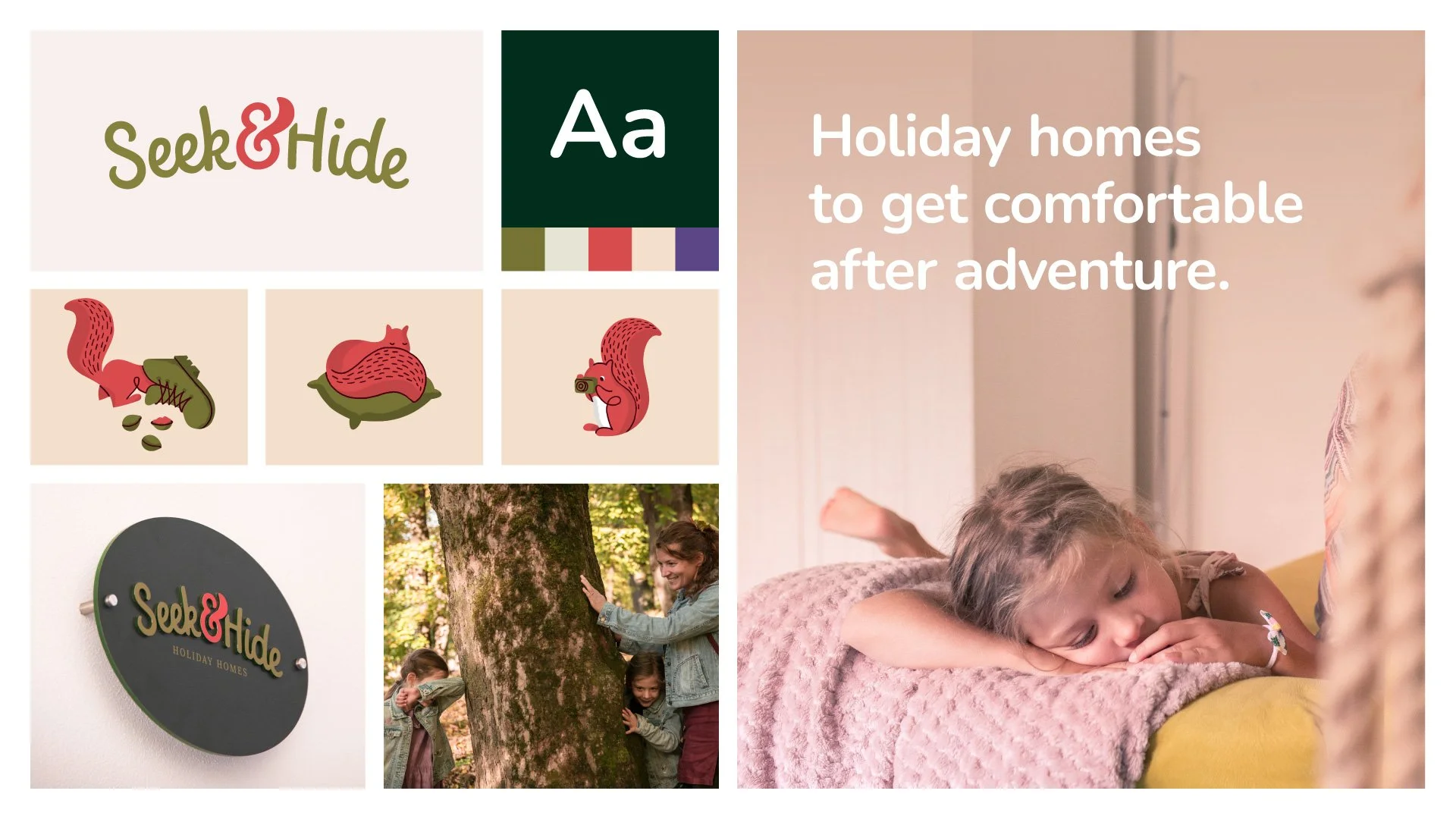 Seek & Hide visual identity with handwritten lettering, a red and green color palette, and playful squirrel illustrations.