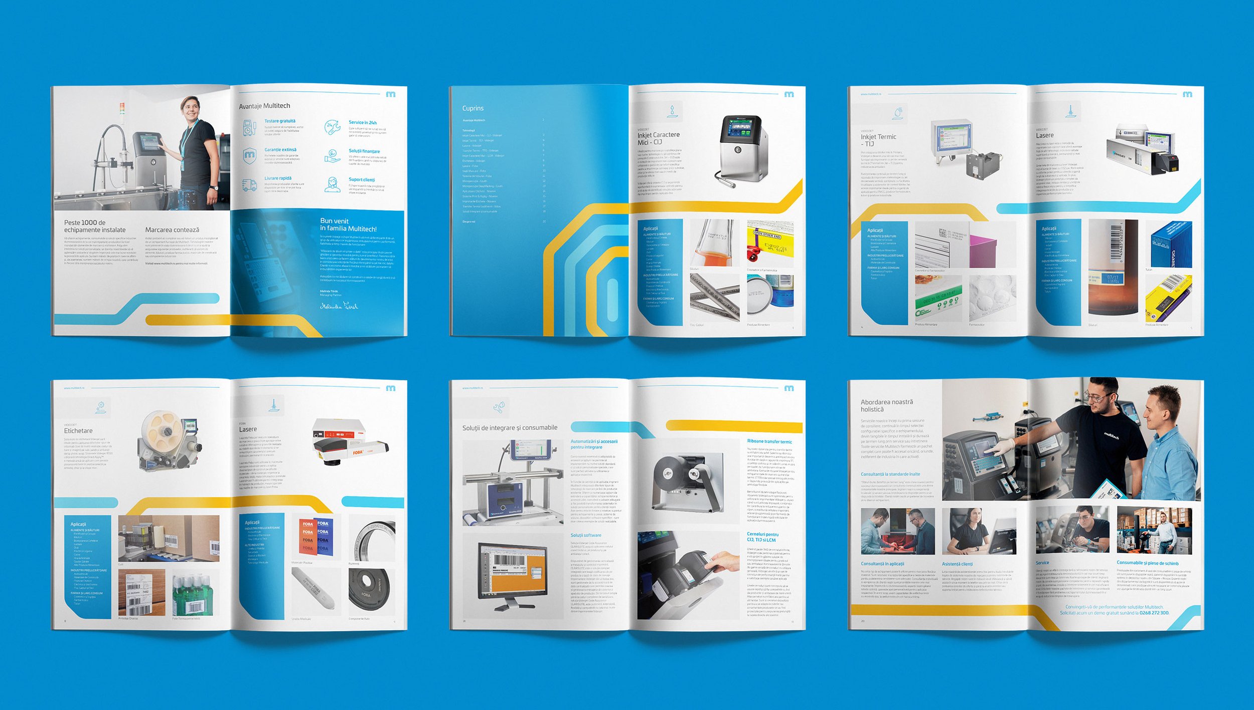 Multitech brochure and catalogue layouts combining product information, technical diagrams and industrial photography.