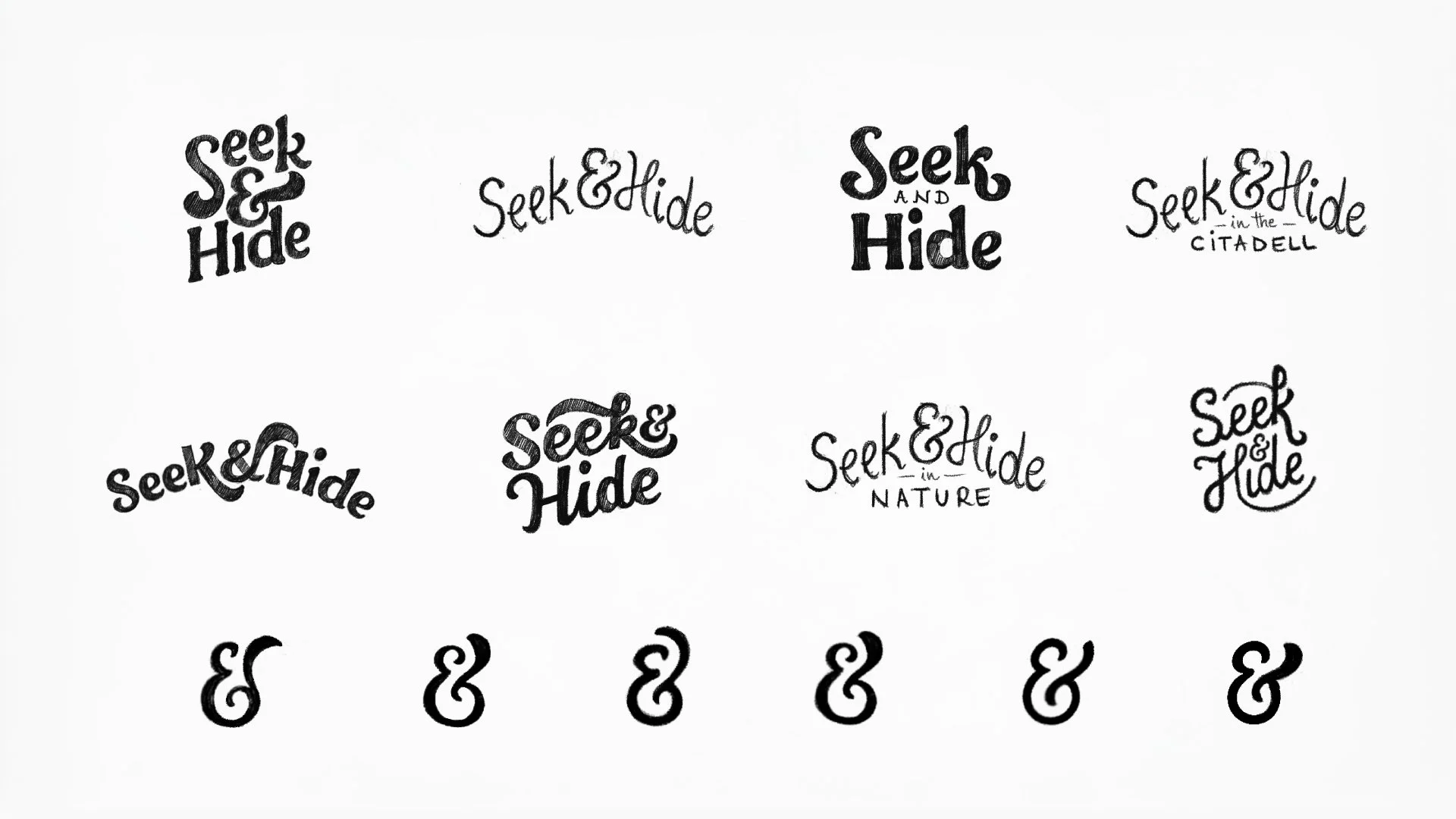 Hand-lettered Seek & Hide logo variations exploring different lettering styles and ampersand forms.
