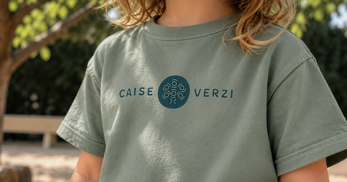 Caise Verzi brand identity for an outdoor play garden in Bucharest, showcased on a sage green T-shirt.