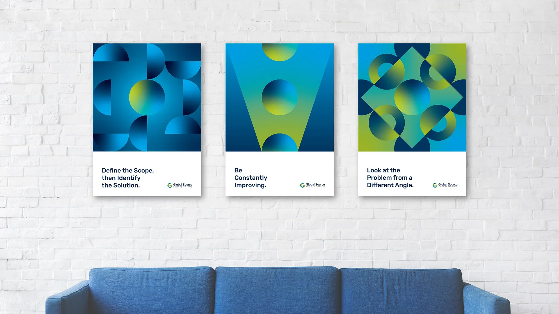 Global Source industrial brand posters featuring brand values using bold geometric compositions in blue, cyan and green.