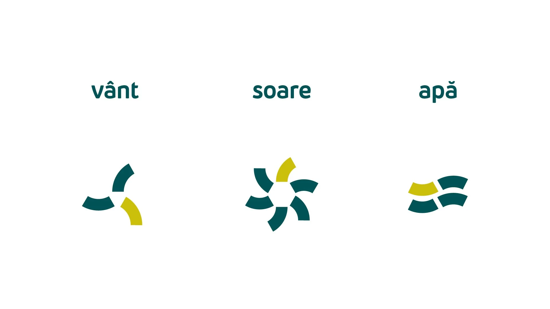 Entera icon system representing wind, solar and water energy through simplified teal and yellow symbols.