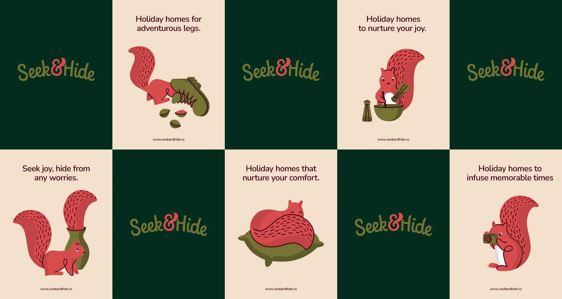 Seek & Hide squirrel mascot featured in a series of playful graphic compositions on contrasting green and cream backgrounds.