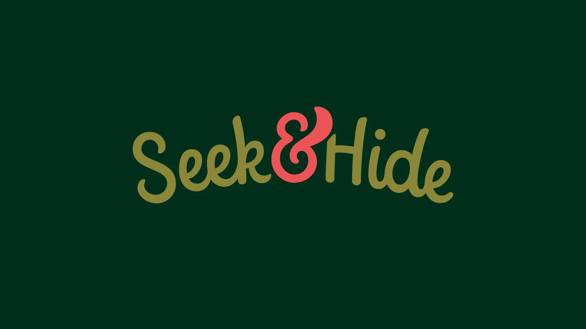 Seek & Hide primary logo in green lettering with a red ampersand on a dark green background.