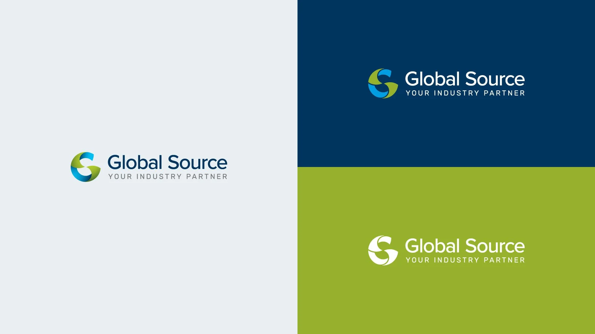 Global Source brand identity showing standard, white and reversed logo variations on light grey, navy blue and green backgrounds.