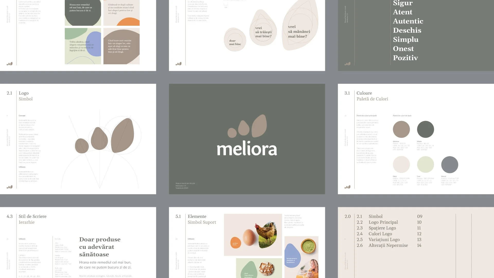 Meliora brand guidelines presenting logo variations, colour palettes, typography, graphic elements and examples of the visual identity system.