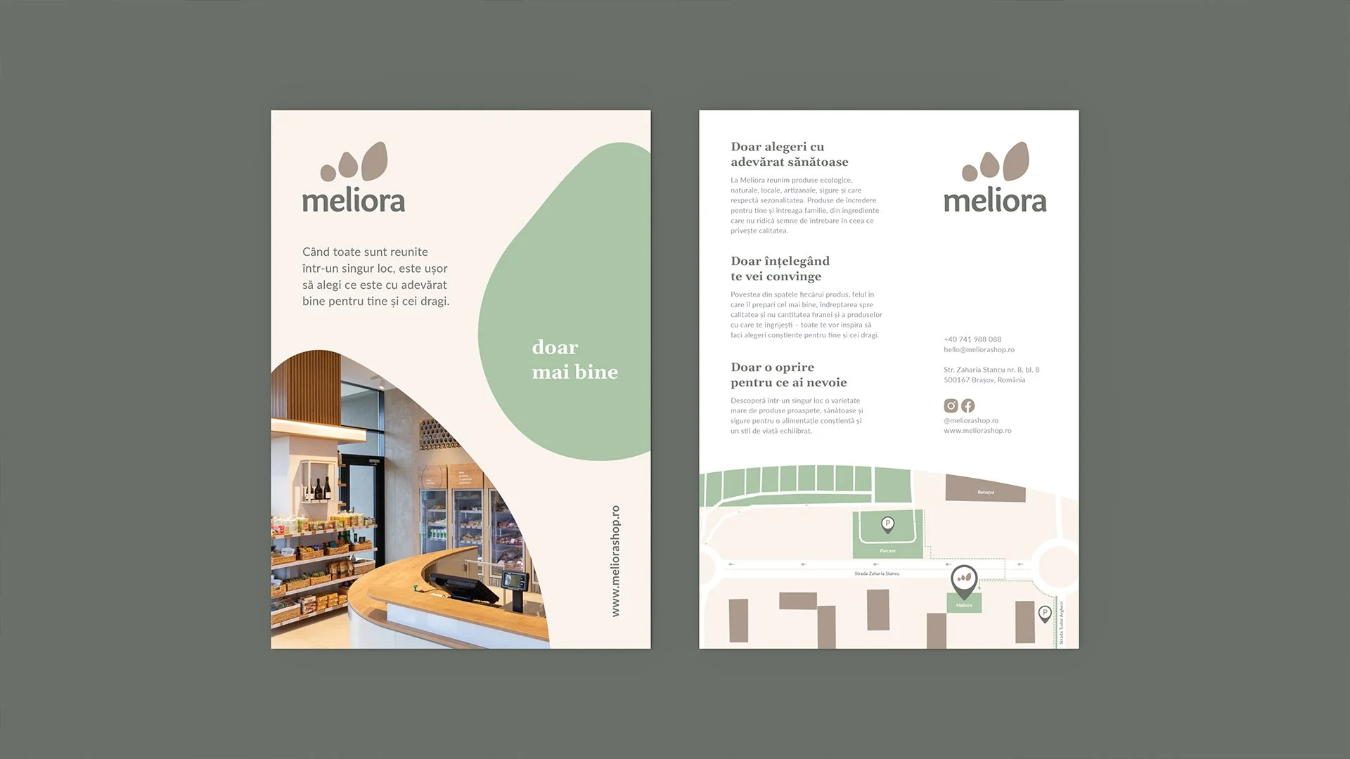 Meliora promotional flyer featuring store photography, brand typography and a muted, earthy colour palette.