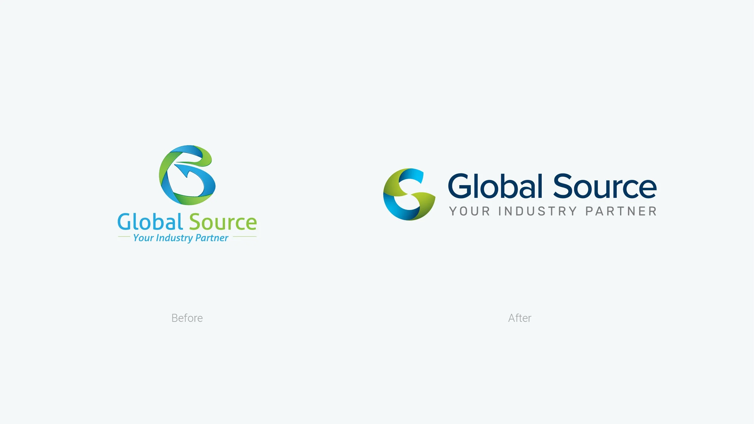 Global Source logo redesign, comparing the original globe symbol with the updated geometric mark and “Your Industry Partner” tagline.