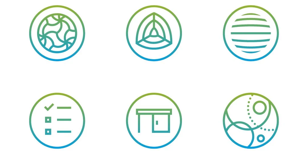 Global Source industrial icon system featuring six outlined symbols in green and cyan for use across technical and corporate communications.