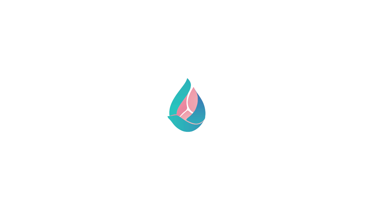 Animated abstract flower petals in teal, blue and pink merging into a droplet to form the Szabadi Lilla Ibolya symbol.