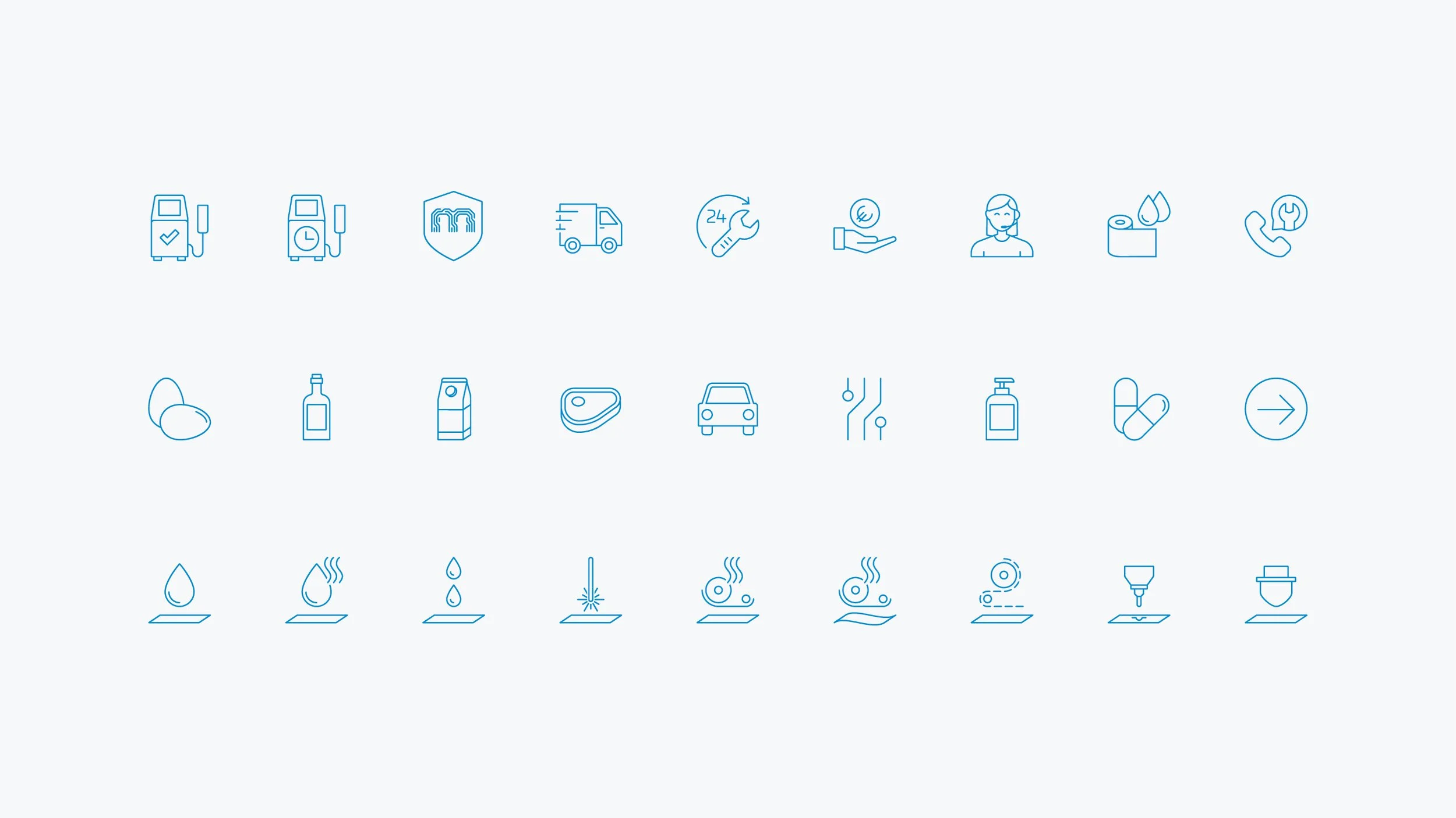 Multitech icon system featuring a coordinated set of blue line icons for industrial technology and equipment.