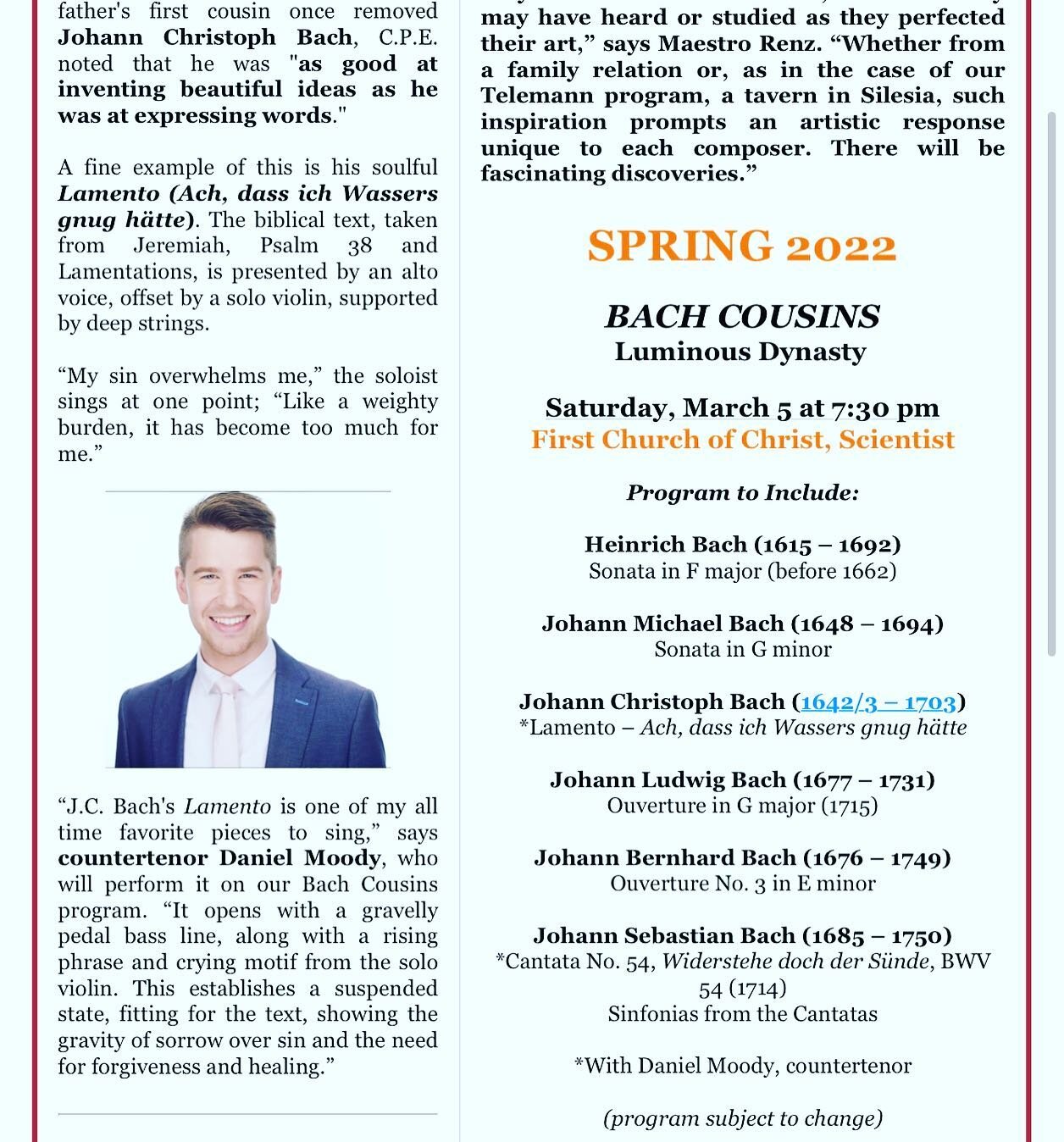 Early Music New York presents &ldquo;Bach Cousins&rdquo; Saturday (tomorrow!) at 7:30pm and I feel so privileged to be a part of this beautiful program singing one of my all time Lenten favorites, J.C. Bach&rsquo;s Lamento along with Bach cantata BWV