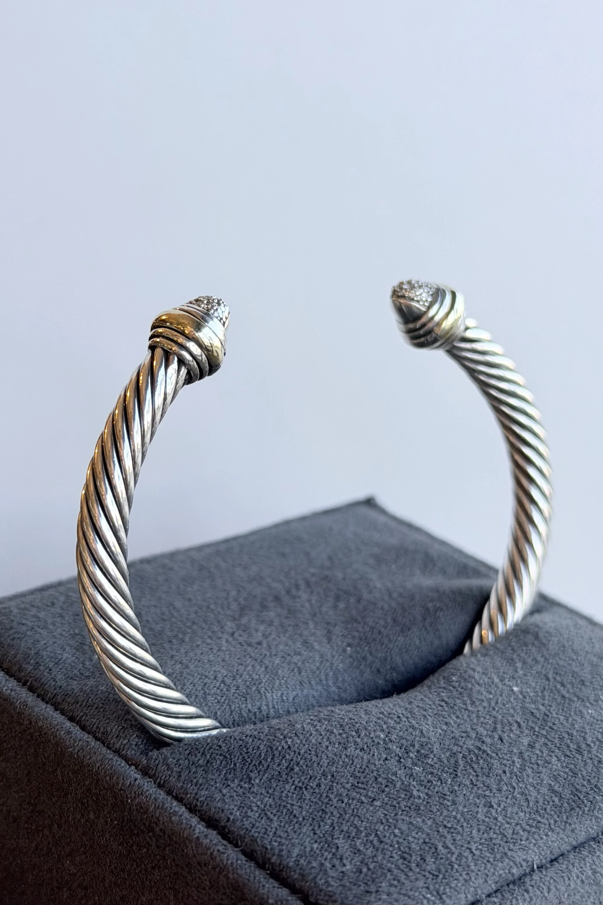 DAVID YURMAN CLASSIC CABLE BRACELET STERLING SILVER WITH 14K YELLOW GOLD AND PAVE DIAMOND DOMES