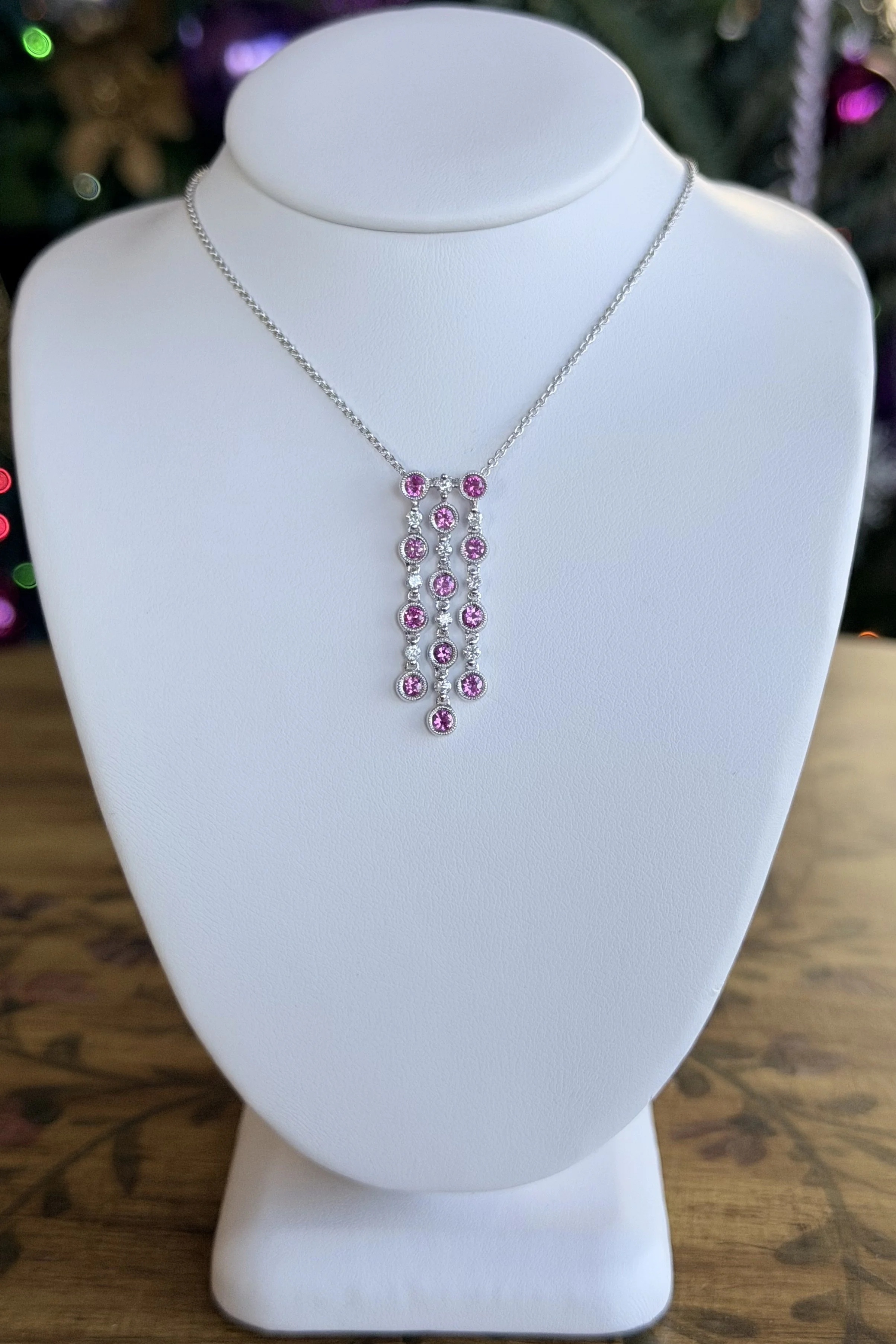 18K WHITE GOLD PINK SAPPHIRE AND DIAMOND NECKLACE