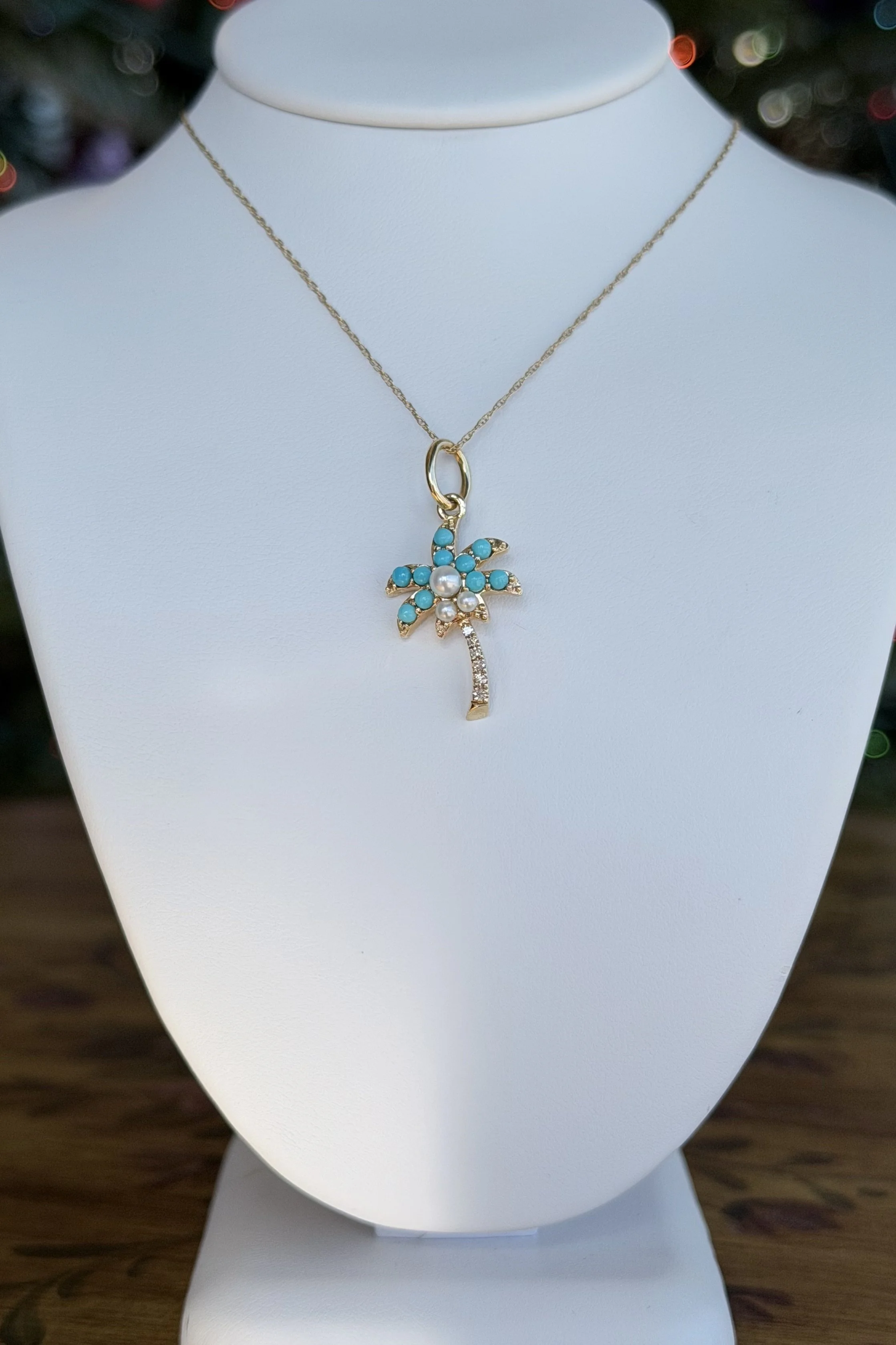 EFFY 14K YELLOW GOLD TURQUOISE, PEARL, DIAMOND PALM TREE NECKLACE