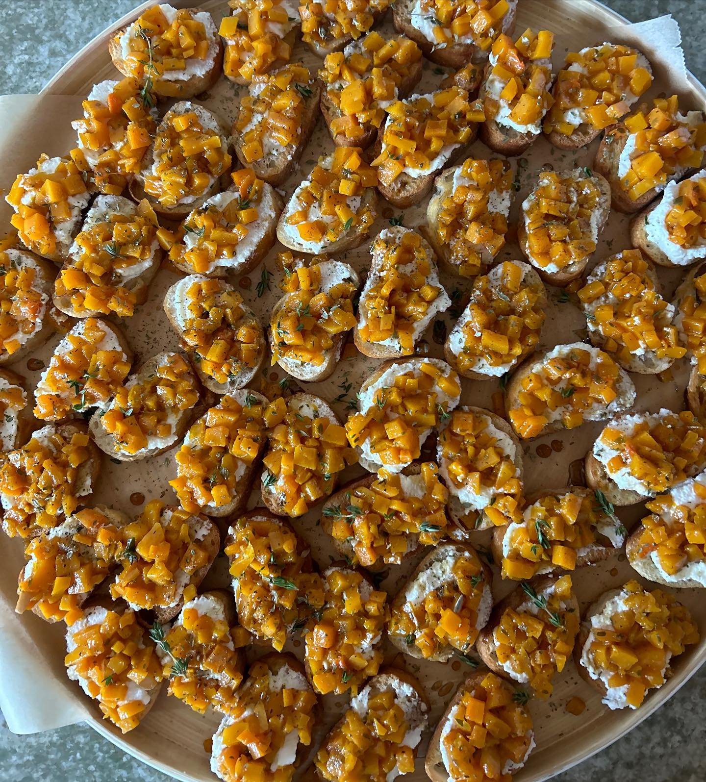 Our beautiful and delicious squash, Honey-Herb Ricotta crostin platter - perfect for any event!! @www.cuisineartsllc.com