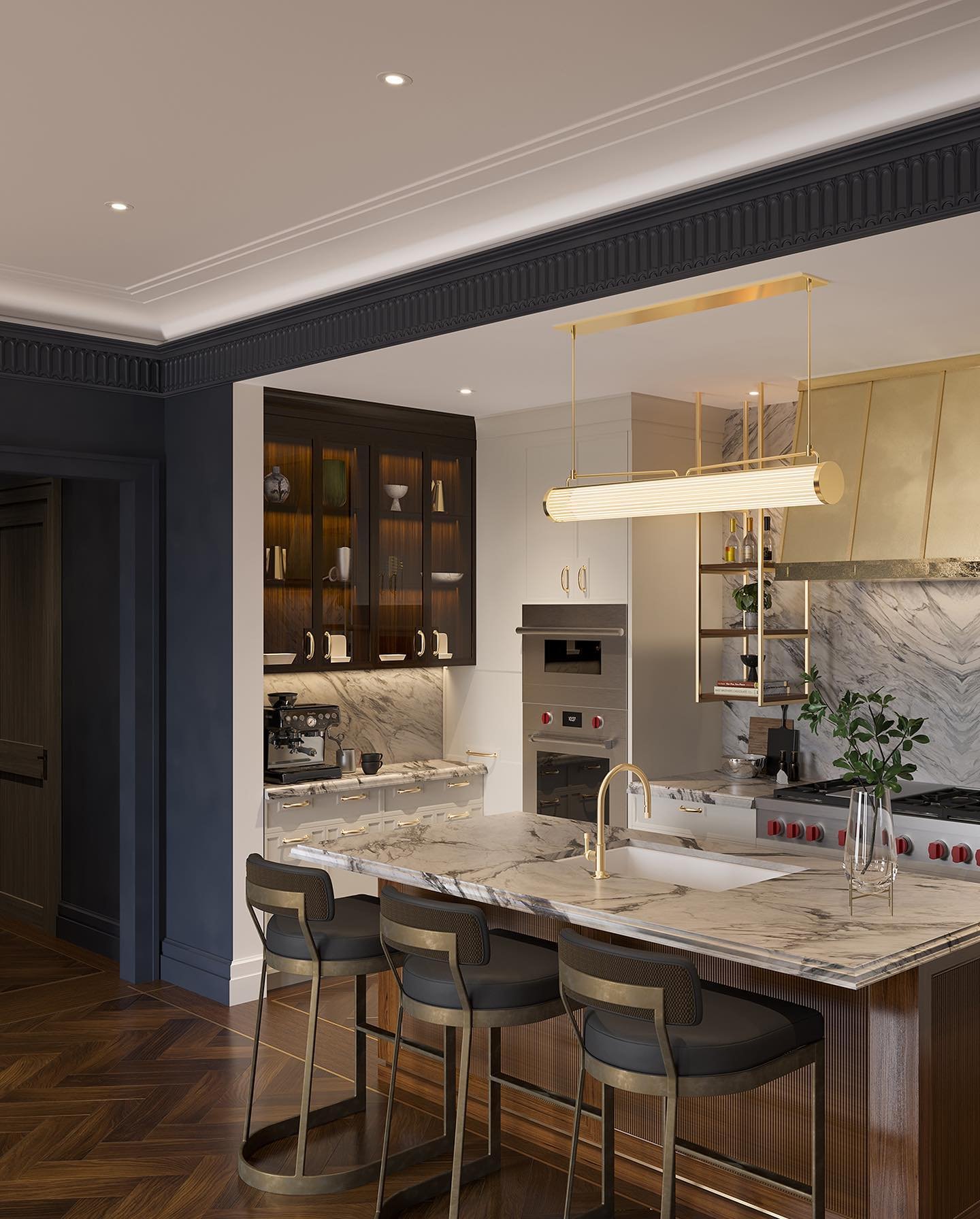 A glimpse into our moderne kitchens for a luxury development concept.  Our client asked us to design something that felt timeless, luxurious, anti-trend.  Key Words: Debonnaire, James Bond, Distinguished. 

Stools: @theheathercompany 
Light fixture: 