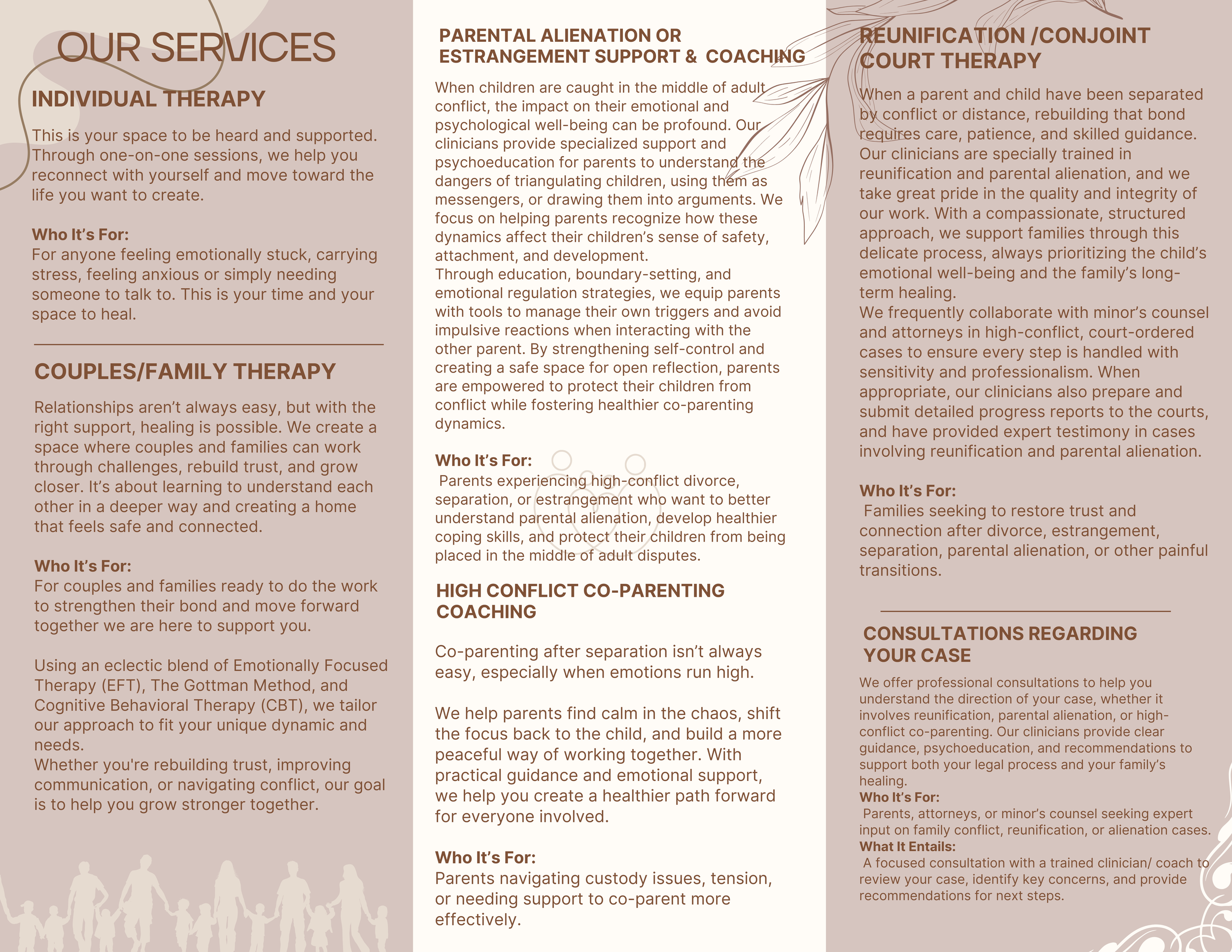 Text-heavy informational brochure describing services related to therapy, counseling, and coaching for individuals, couples, families, parents, and those experiencing high conflict or parental alienation.