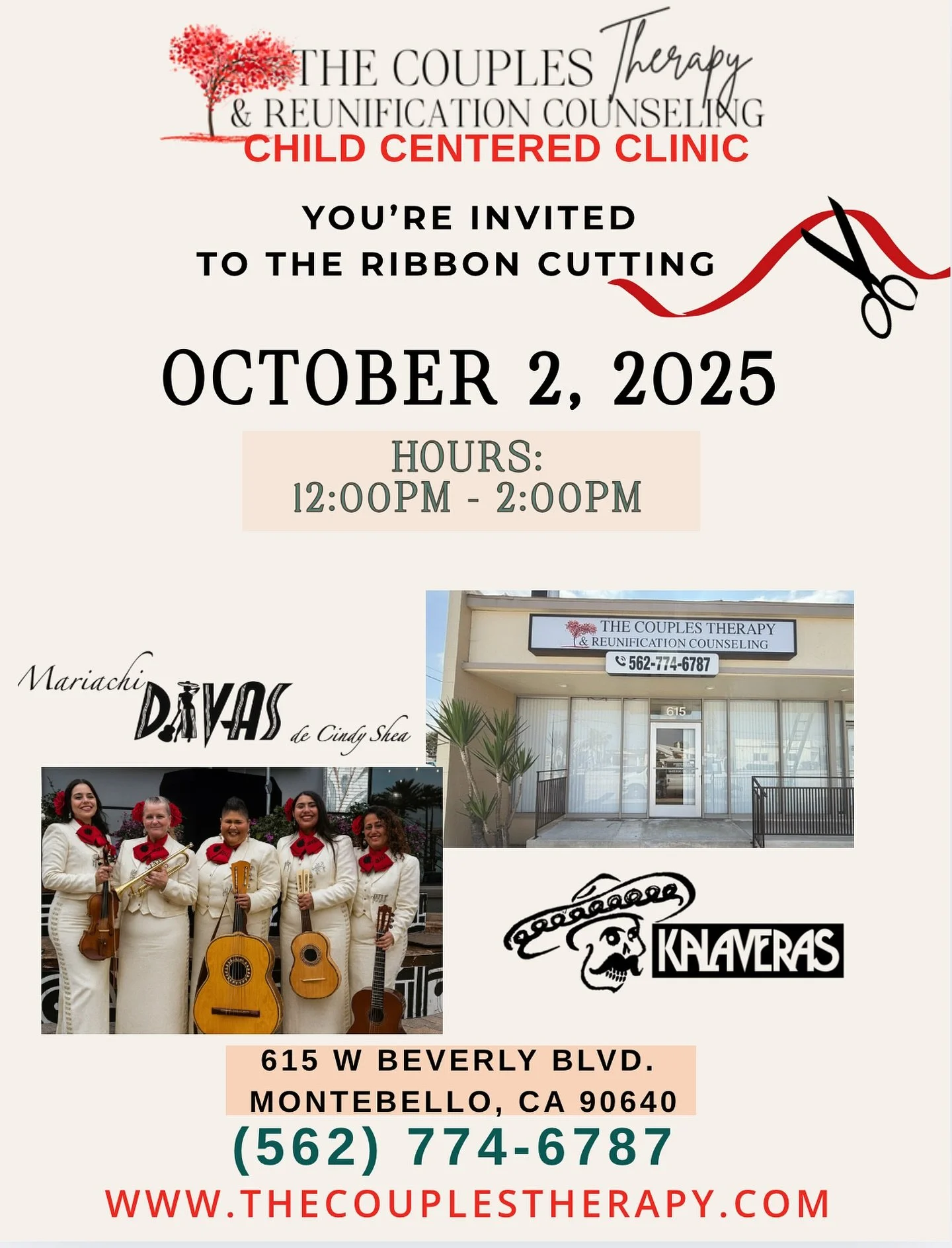 You&rsquo;re invited!

Join us as we officially cut the ribbon at The Couples Therapy &amp; Reunification Counseling: Child Centered Clinic in Montebello! 💚

📅 Date: Thursday, October 2, 2025
⏰ Time: 12:00 PM &ndash; 2:00 PM
📍 615 W Beverly Blvd, 