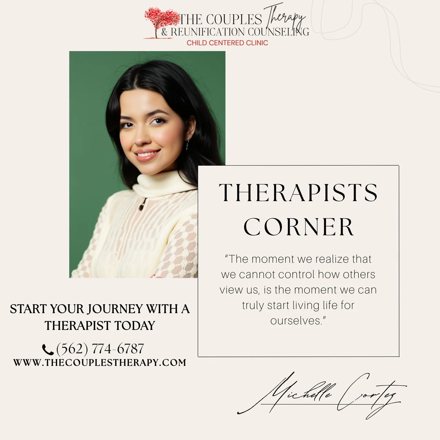 ✨Therapist Corner: Newport Beach✨
Michelle&rsquo;s words are a reminder that true peace begins when we release the need to control how others see us. 💭✨

If these words resonate with you, know you&rsquo;re not alone. Our therapists are here to walk 