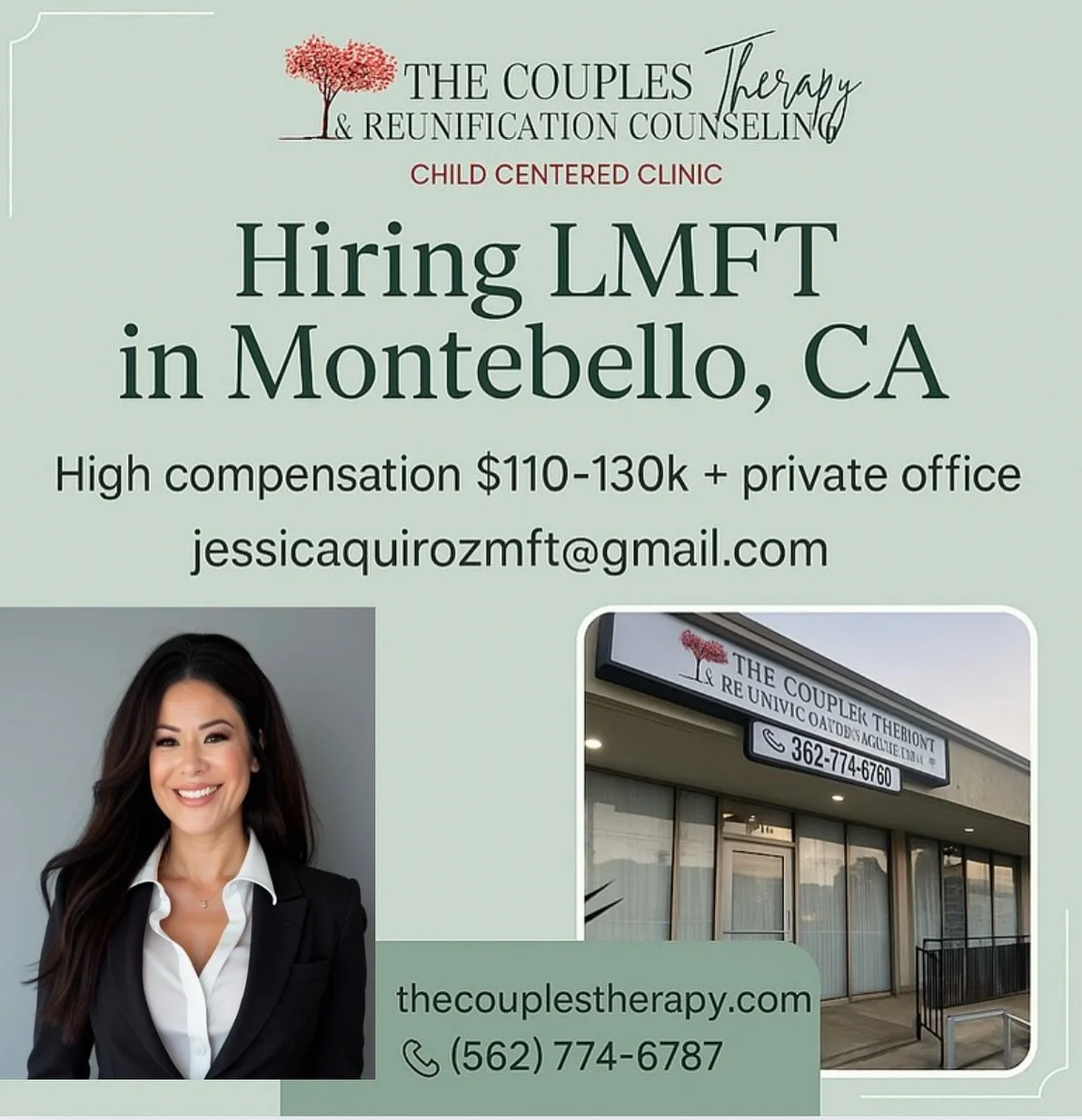 We&rsquo;re Hiring an  LMFT! 

Join a team that&rsquo;s passionate about healing hearts and supporting families. At The Couples Therapy &amp; Reunification Counseling in Montebello, we&rsquo;re building something special and we&rsquo;d love for you t