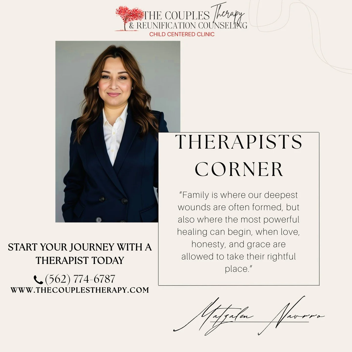 ✨ Therapist&rsquo;s Corner with Matzalen Navarro✨

Healing doesn&rsquo;t happen overnight, but it begins when families choose to face their pain with love and honesty. 💫
At The Couples Therapy &amp; Reunification Counseling, Matzalen Navarro helps f