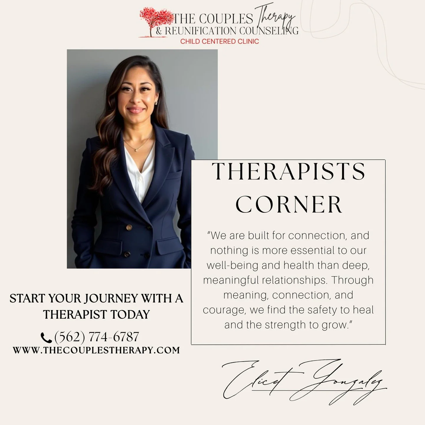 ✨ Therapist&rsquo;s Corner with Elicet Gonzalez✨ 💬 &ldquo;We are built for connection&hellip;&rdquo;
At The Couples Therapy &amp; Reunification Counseling, we believe that healing begins when we feel seen, understood, and safe. 💛
Our therapists, li