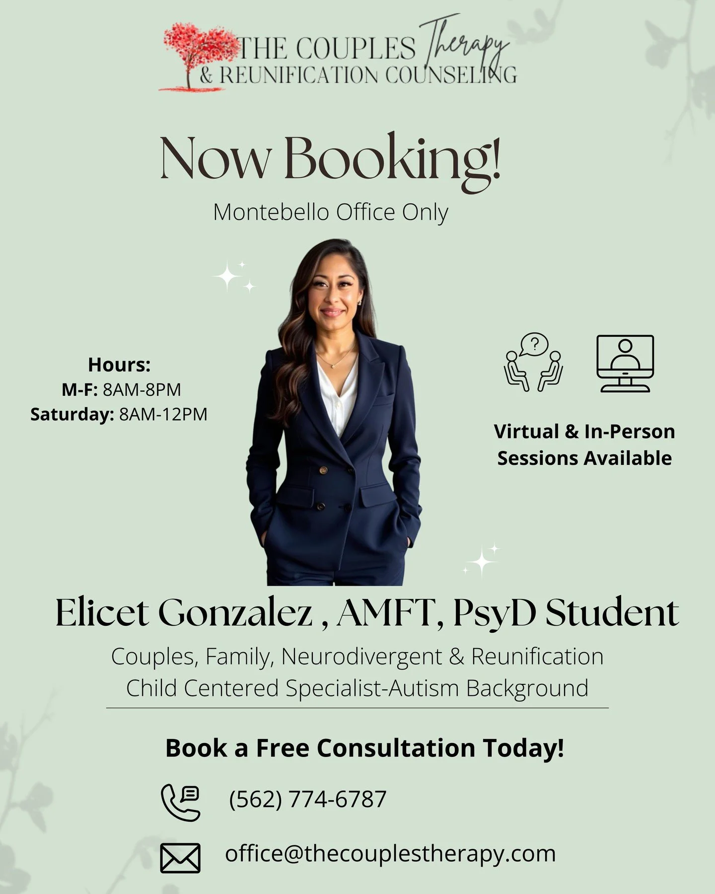 ✨ Now Booking in Montebello! ✨
Meet Elicet Gonzalez, AMFT, PsyD Student, a compassionate therapist dedicated to helping couples, families, and children heal, reconnect, and thrive. 🌿

Elicet specializes in reunification therapy, neurodivergent suppo