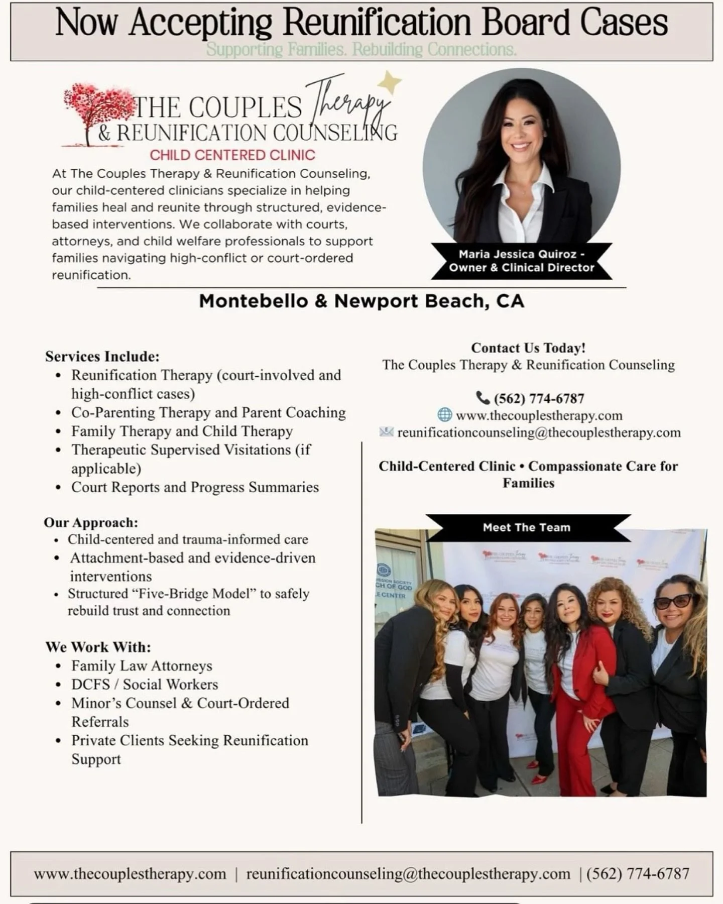 Now Accepting Family Reunification Court-Ordered Cases📍
Supporting Families with a Child-Centered approach. Rebuilding Connections is our goal ❤️
At The Couples Therapy &amp; Reunification Counseling, our child-centered clinicians specialize in help