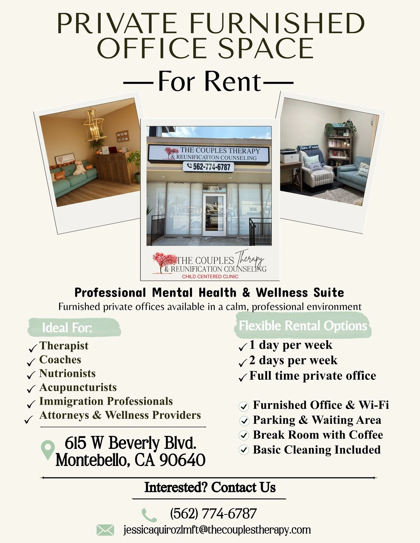 ✨ Private, Furnished Office Space for Rent ✨
Looking for a calm, professional space to see clients? Our fully furnished offices are perfect for therapists, coaches, wellness providers, and more.
✔ Flexible rental options
✔ Wi-Fi, parking &amp; waitin