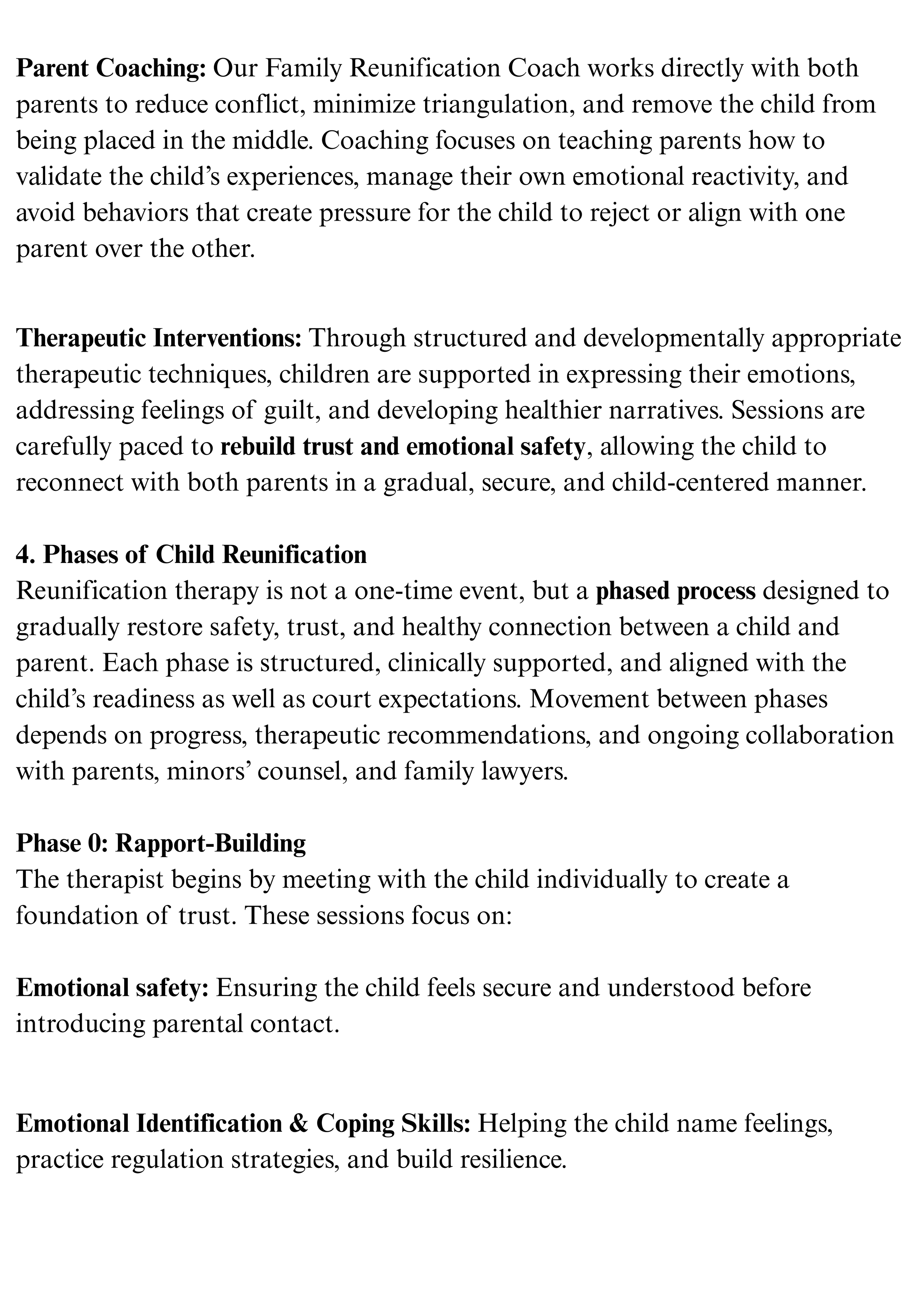 Excerpt from a document discussing child reunification therapy, including sections on parent coaching, therapeutic interventions, phases of child reunification, rapport-building, emotional safety, and coping skills.
