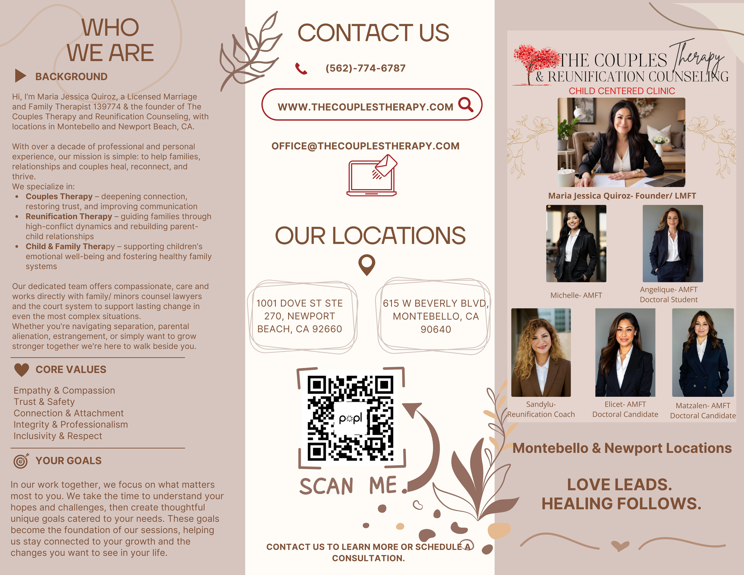 A flyer for The Couples Therapy & Reunification Counseling Child Centered Clinic featuring contact information, locations in Newport Beach and Montebello, team photos of staff including Maria Jessica Quiroz, Michelle, Angelique, Eliet, and Matzalen, and details about therapy services and core values.