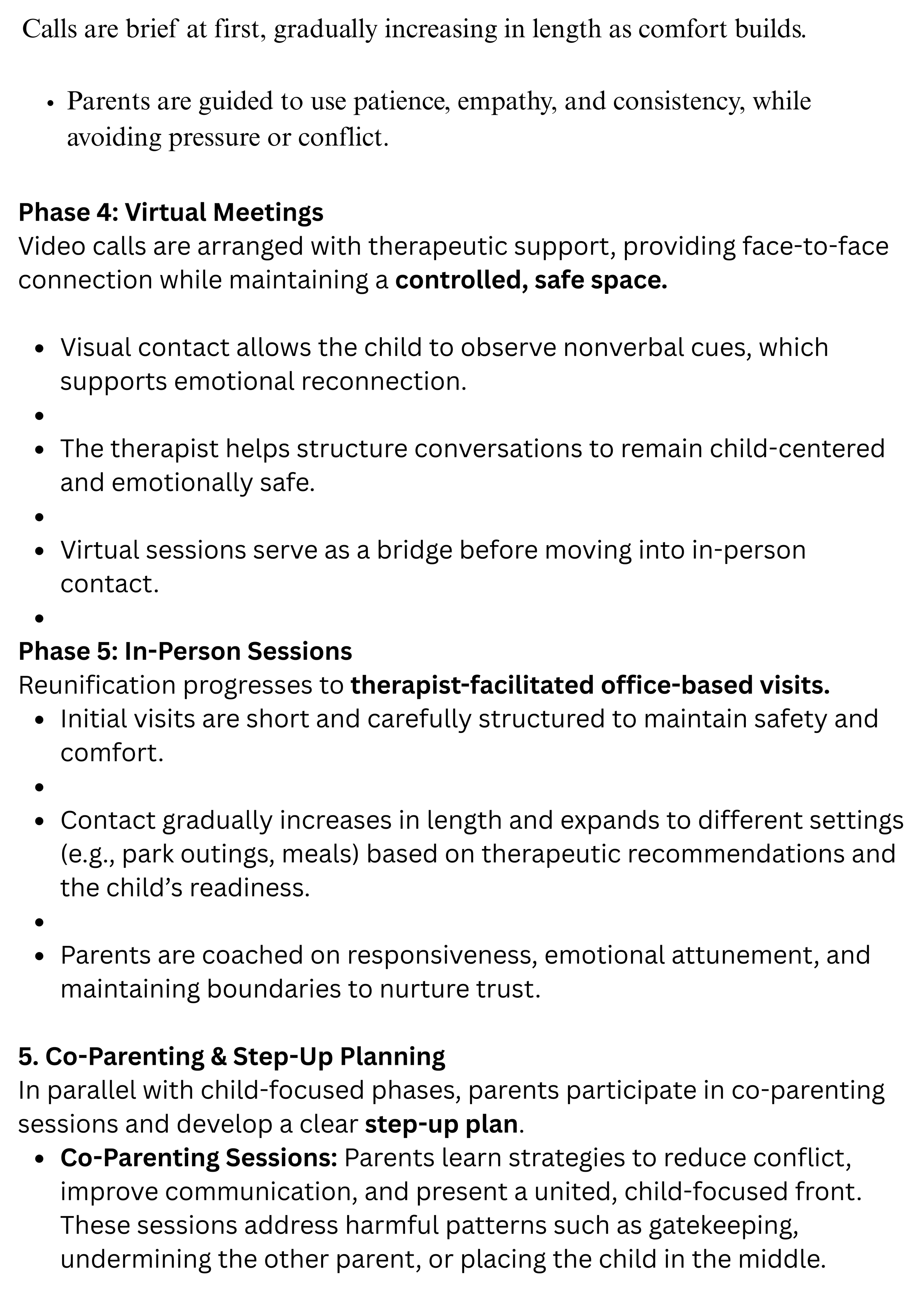 A page from a document discussing phases of therapy and parent-guided sessions, including virtual and in-person meetings, with bolded headings and bullet points.